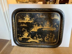 Large Scale 19th Century Chinoiserie Black and Gilt Rectangular Tole Tray