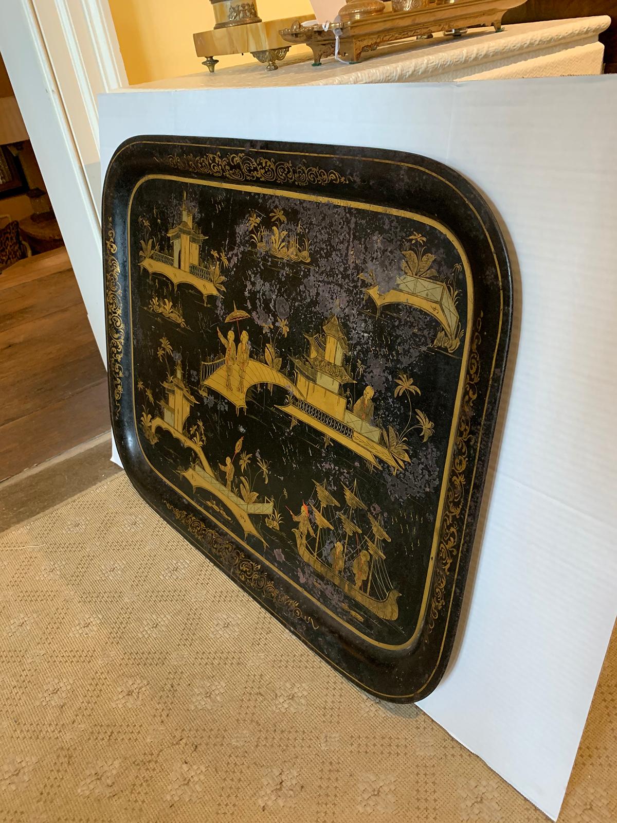 Large Scale 19th Century Chinoiserie Black and Gilt Rectangular Tole Tray In Good Condition For Sale In Atlanta, GA