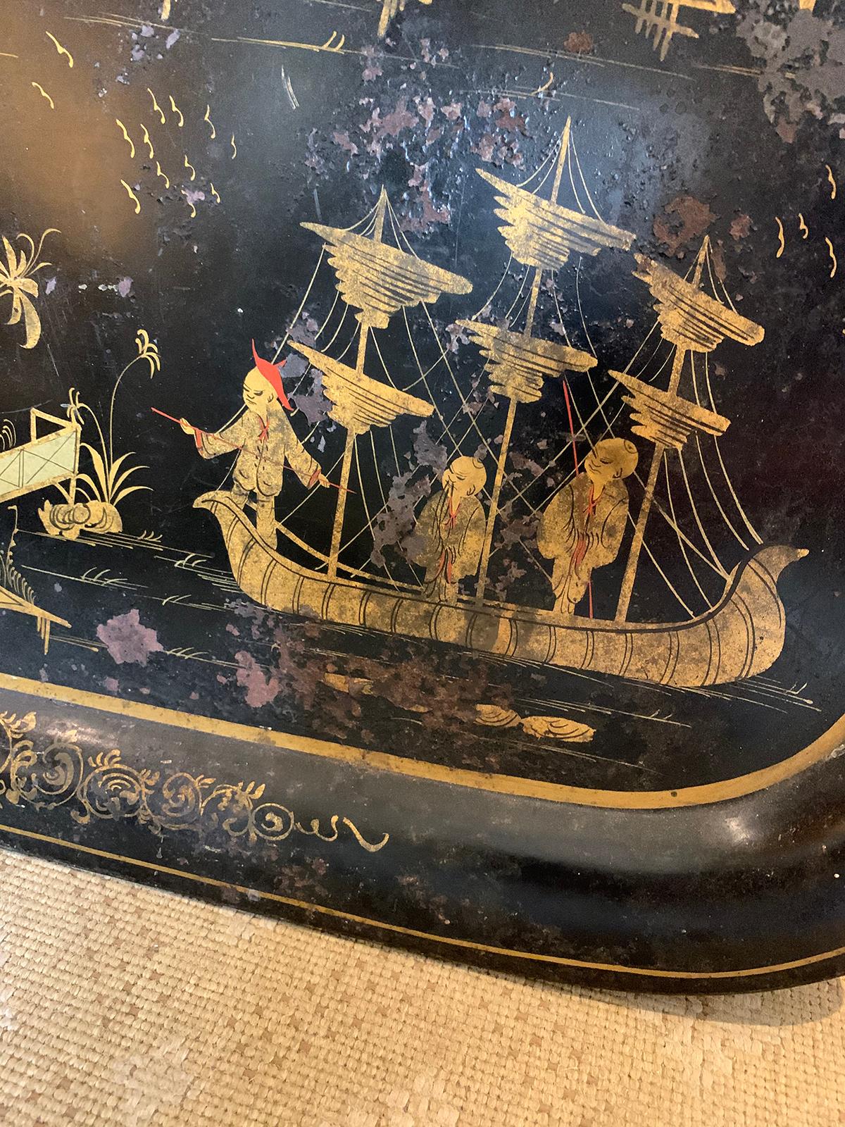 Large Scale 19th Century Chinoiserie Black and Gilt Rectangular Tole Tray For Sale 3