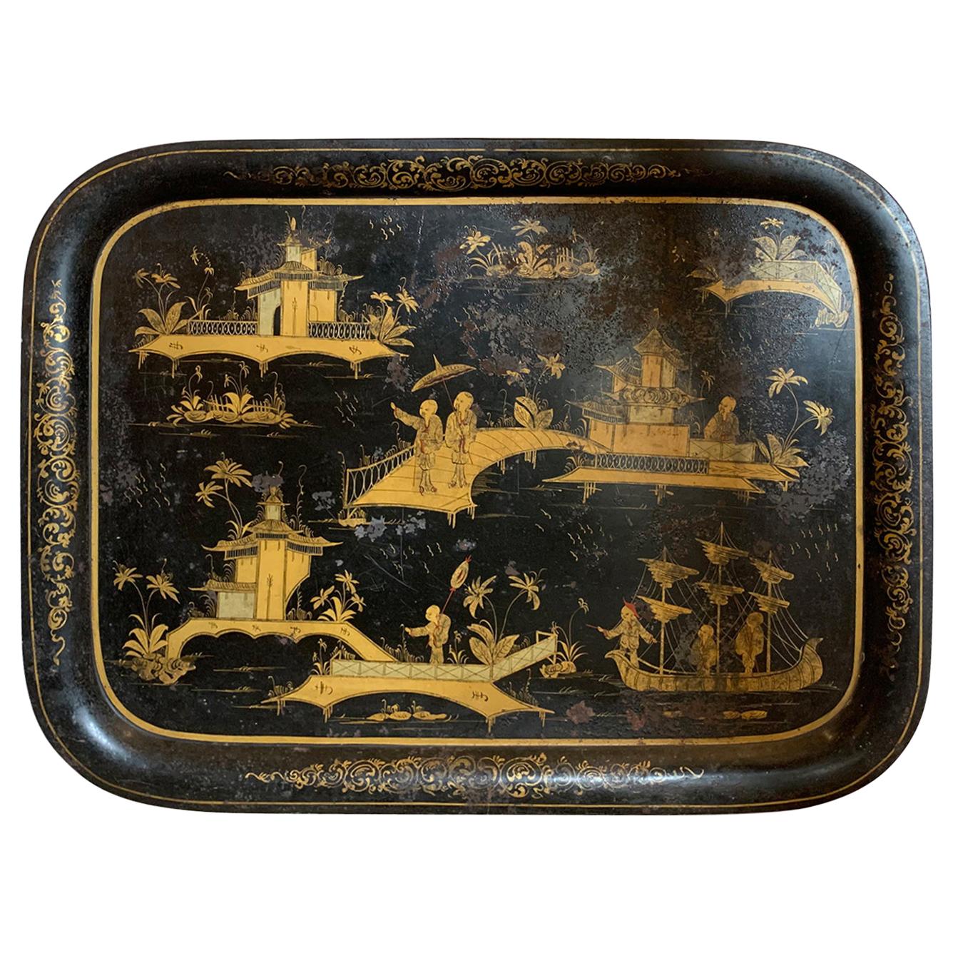 Large Scale 19th Century Chinoiserie Black and Gilt Rectangular Tole Tray For Sale