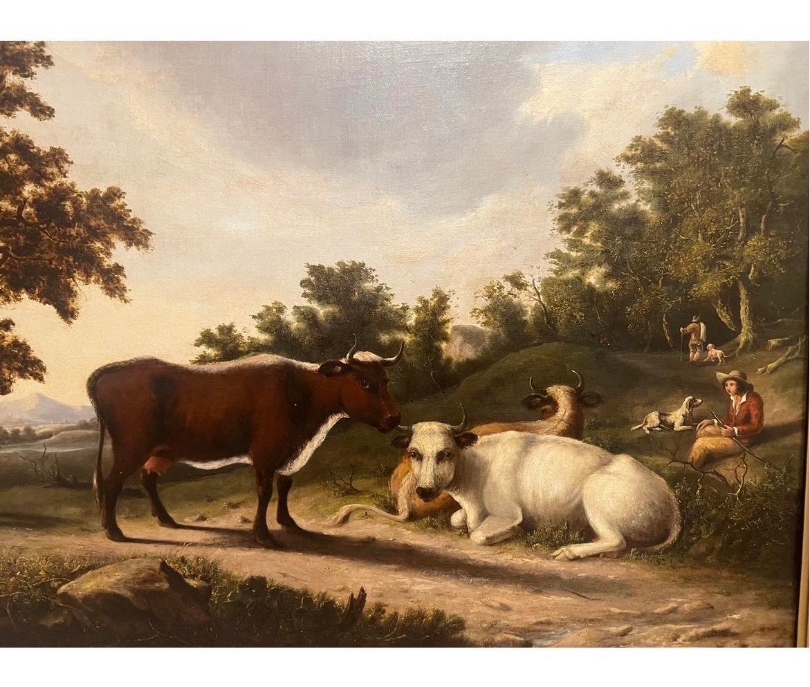 Exceptional Large Scale 19th Century English School Bucolic Landscape Oil Painting. While there is no signature or specific attribution to the artist’s hand - it is with a doubt an exceptionally skilled artist. Appears to be the original frame. Oil