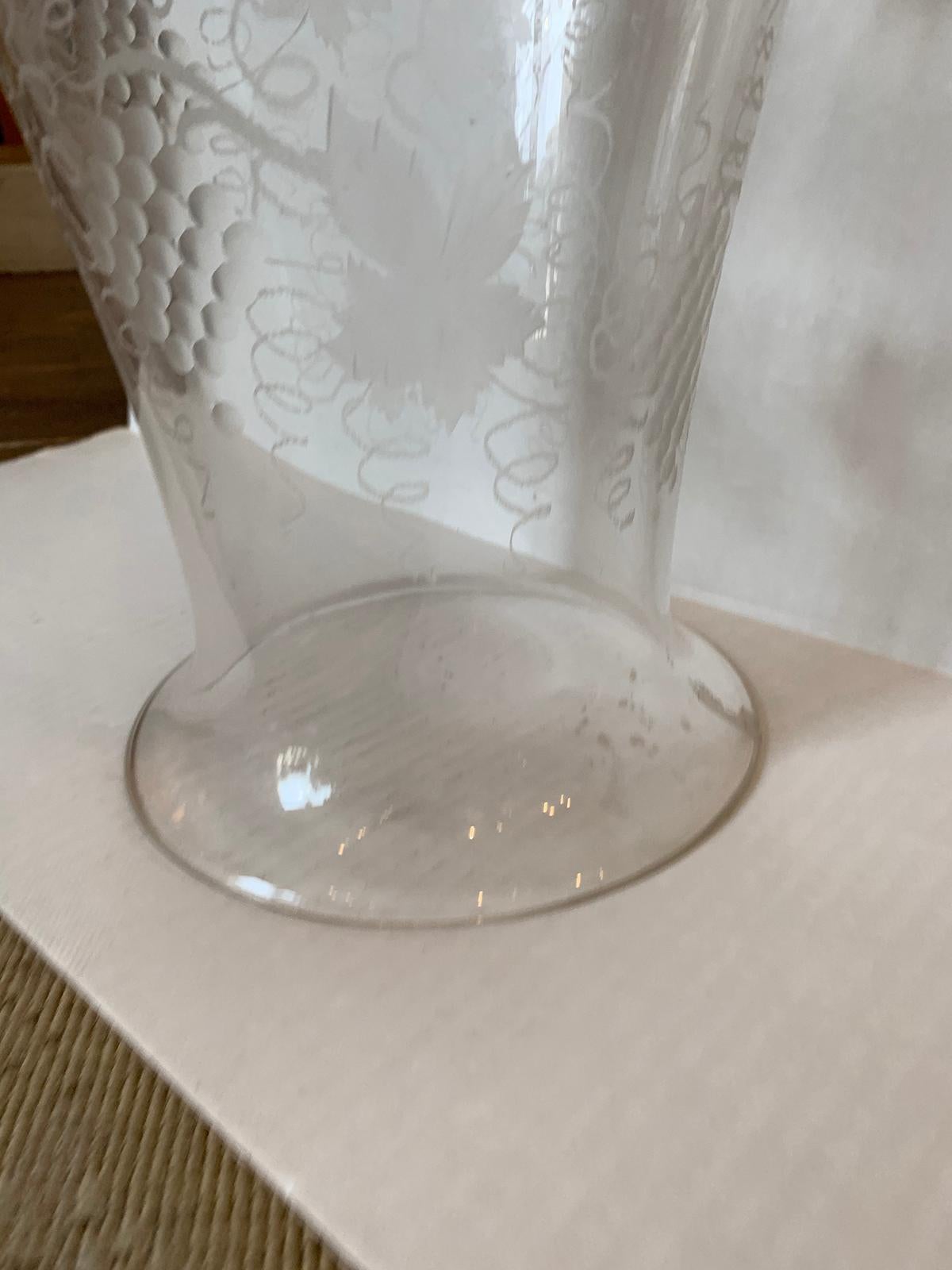 Large Scale 19th Century Etched Glass Hurricane with Grape Leaf Detail For Sale 5