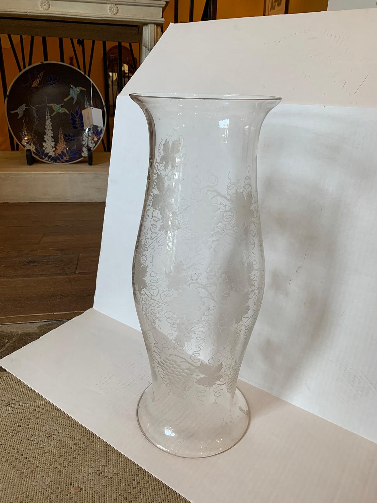 Large scale 19th century etched glass hurricane with grape leaf detail
Measures: Overall: 7.75