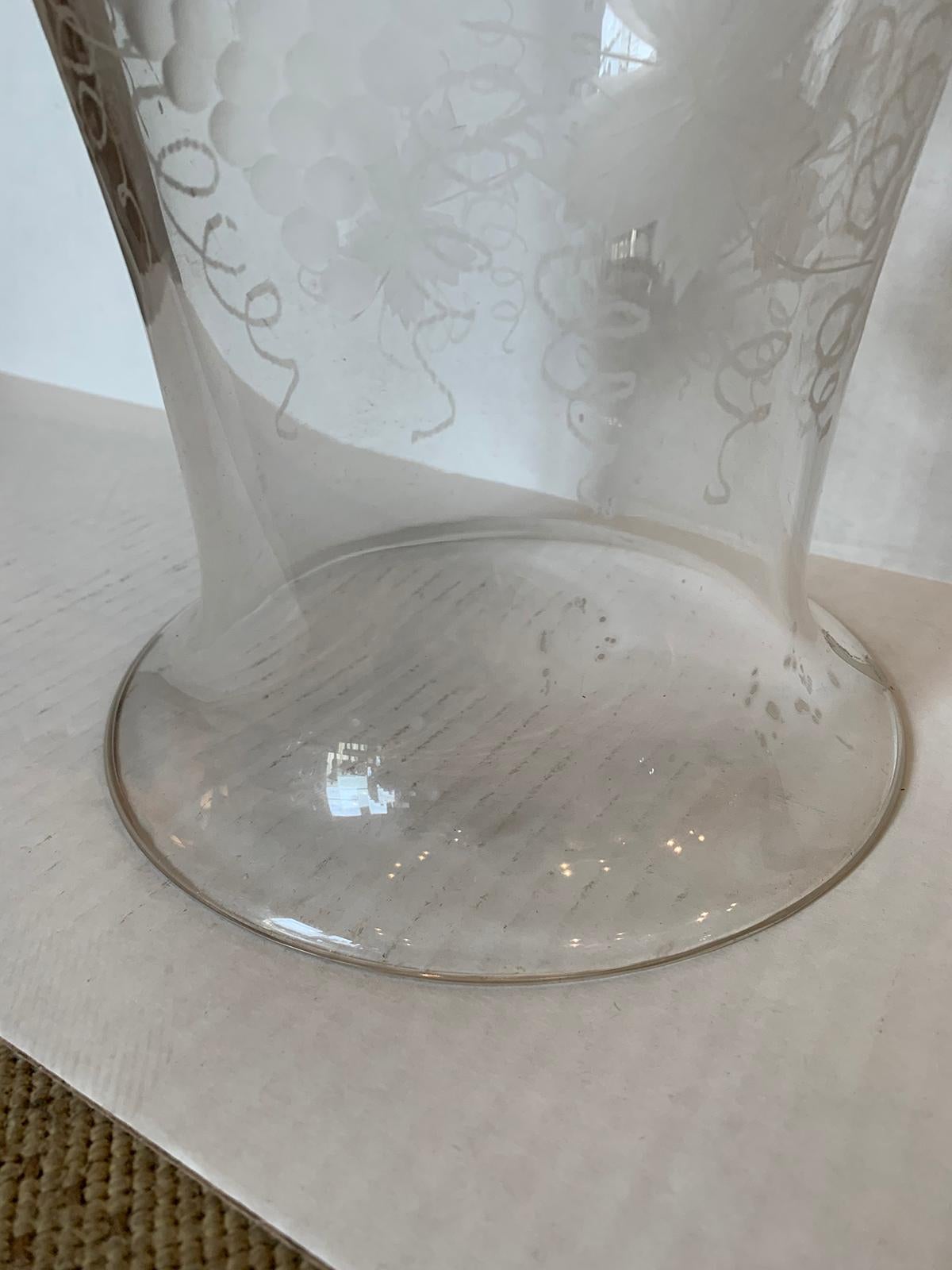 Large Scale 19th Century Etched Glass Hurricane with Grape Leaf Detail In Good Condition For Sale In Atlanta, GA