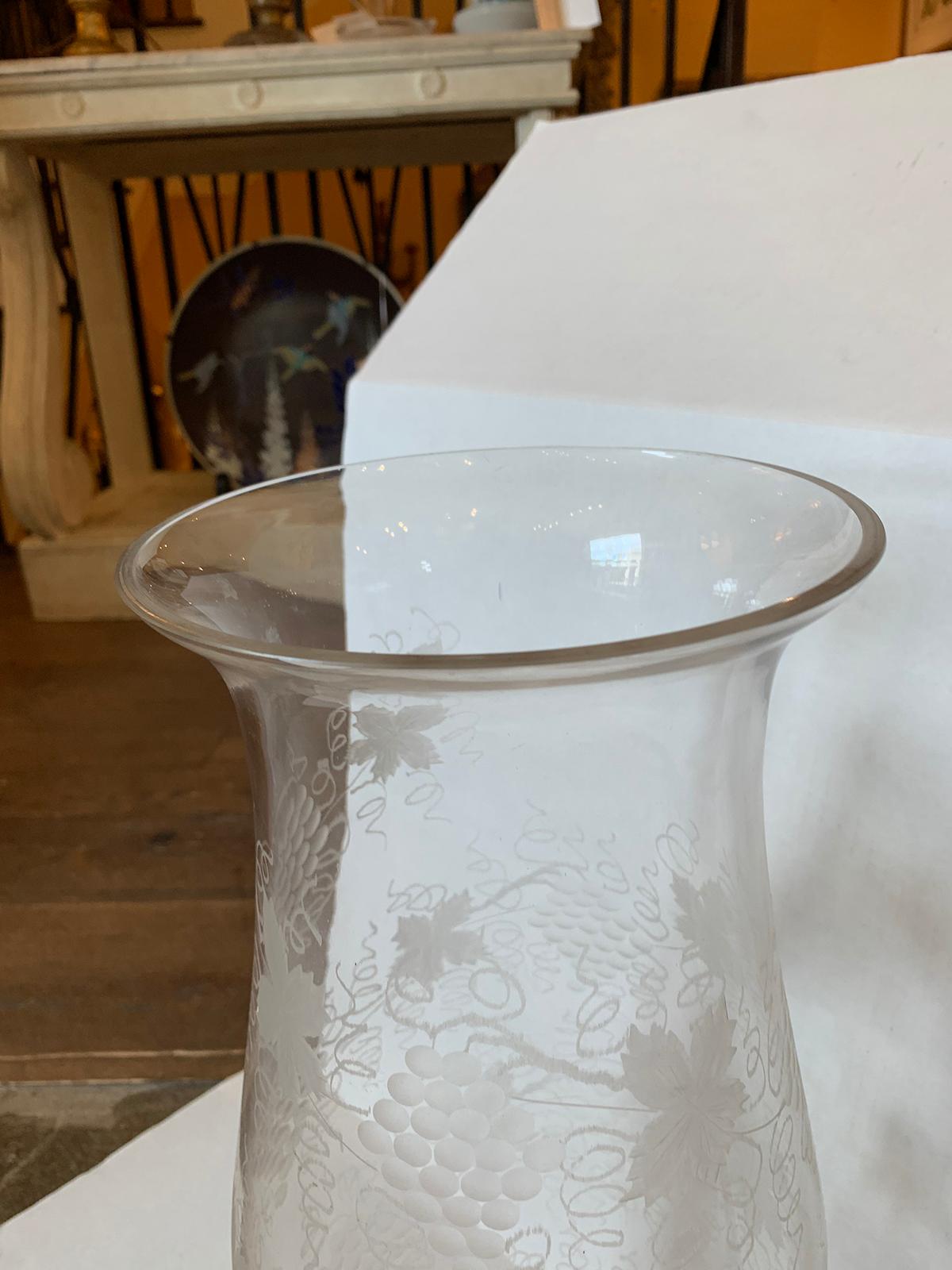 Large Scale 19th Century Etched Glass Hurricane with Grape Leaf Detail For Sale 1