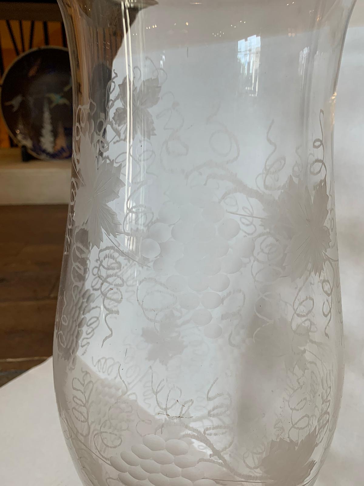 Large Scale 19th Century Etched Glass Hurricane with Grape Leaf Detail For Sale 3