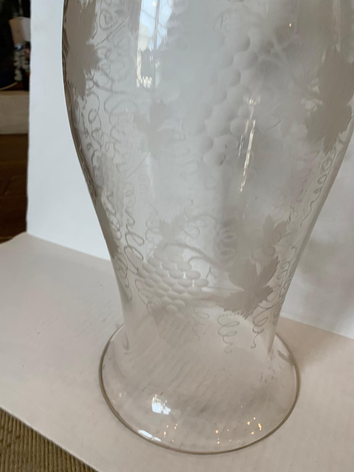 Large Scale 19th Century Etched Glass Hurricane with Grape Leaf Detail For Sale 4
