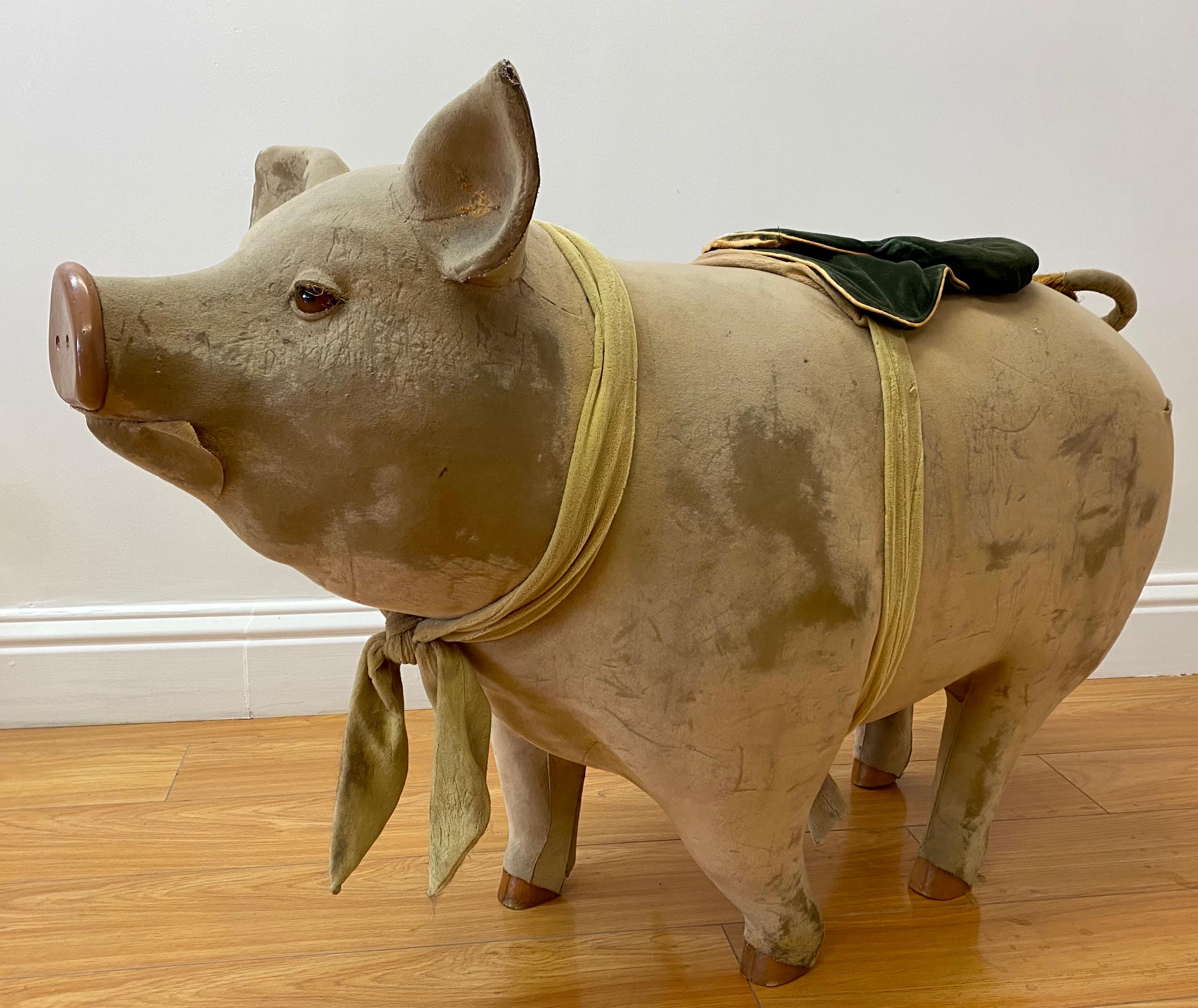 Large scale 19th century felt covered paper mache pig, circa 1890.

Possibly French

This large whimsical pig has a ton of character.

We believe the pig is made from paper cache and covered with felt, or possibly suede

The covering shows