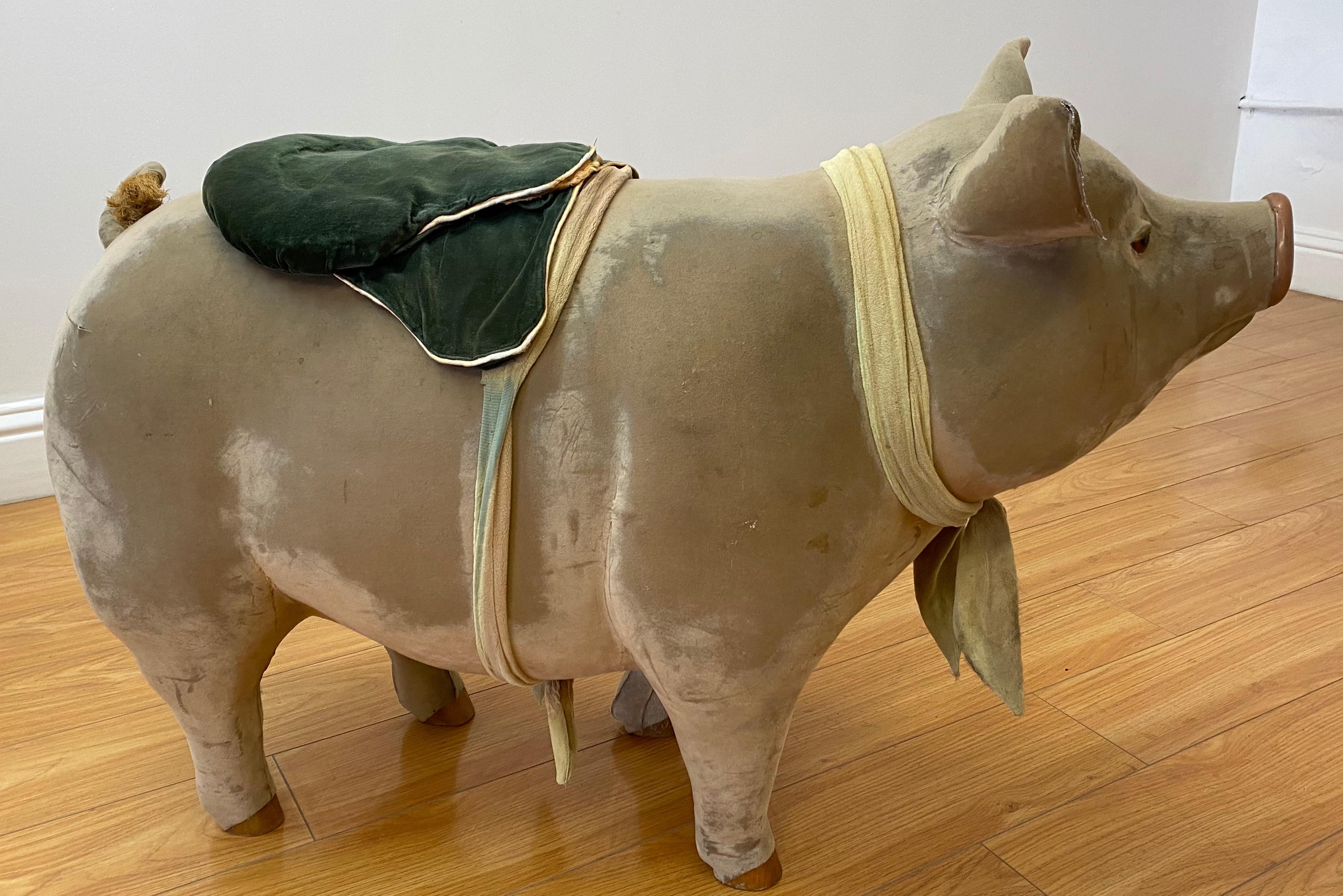 French Large Scale 19th Century Felt Covered Paper Mache Pig, Circa 1890