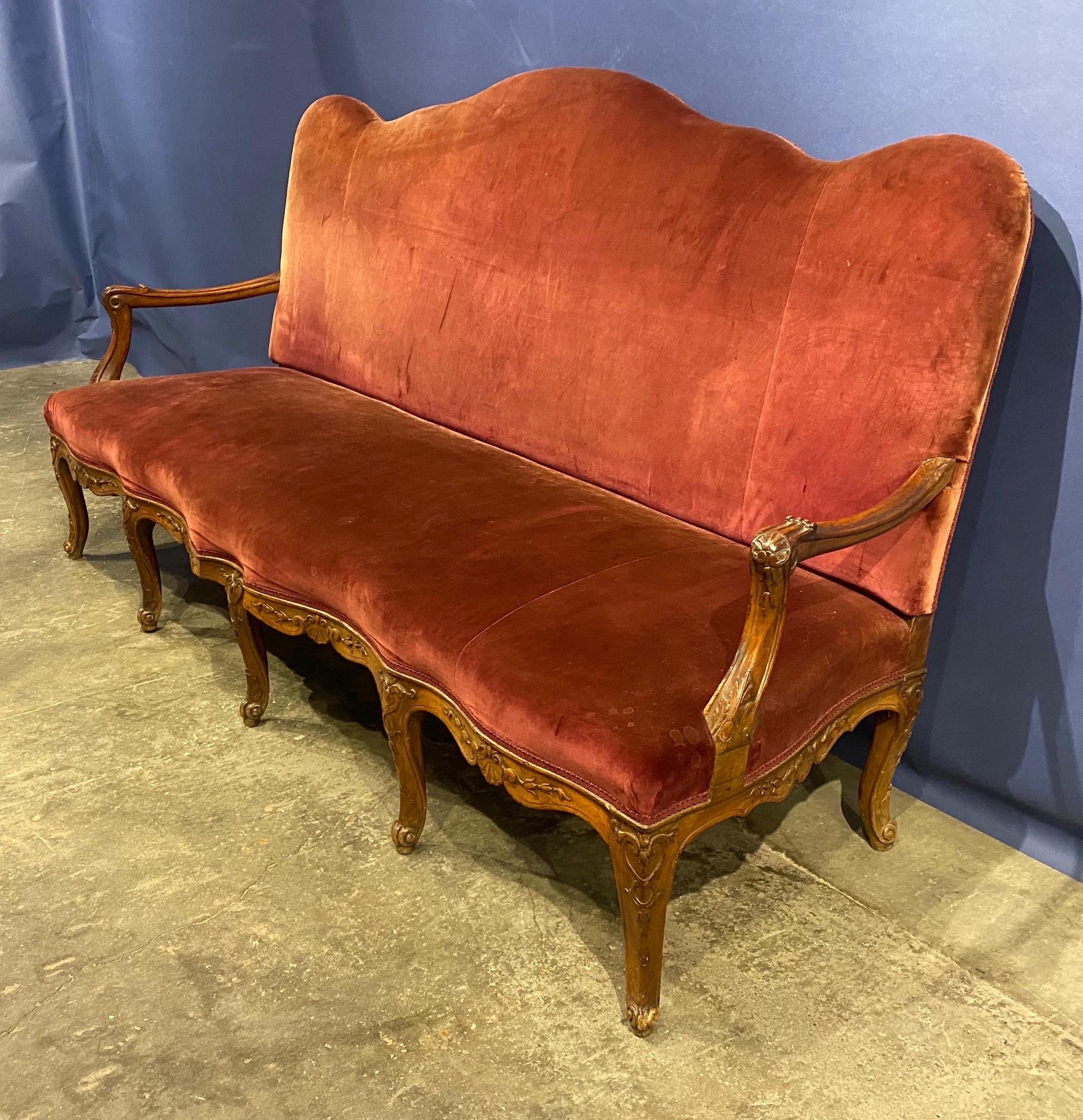 Velvet Large Scale 19th Century French Carved Walnut Serpentine Sofa