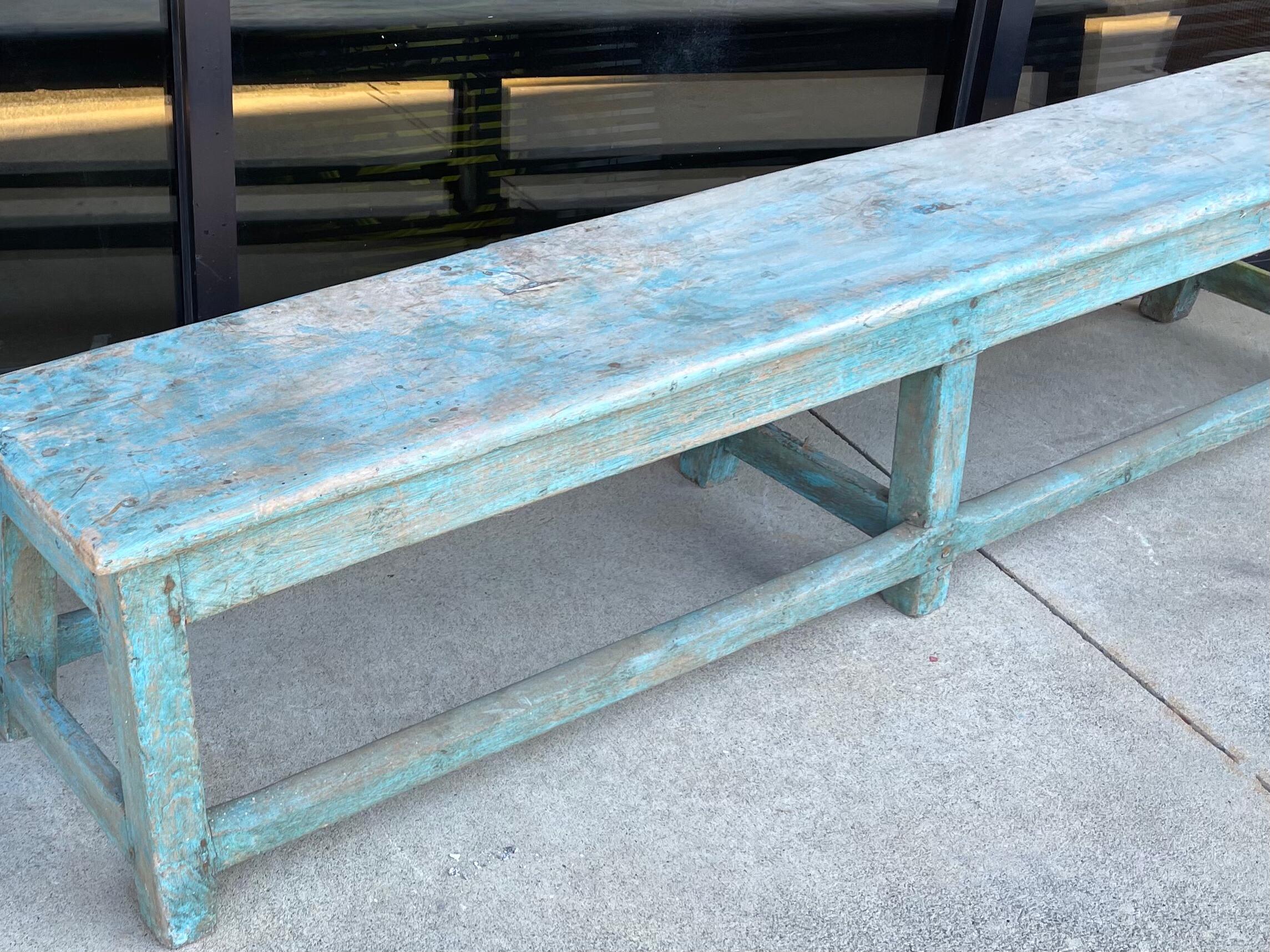 Large Scale 19th Century French Primitive Wood Bench with Original Blue Paint In Good Condition In Kennesaw, GA