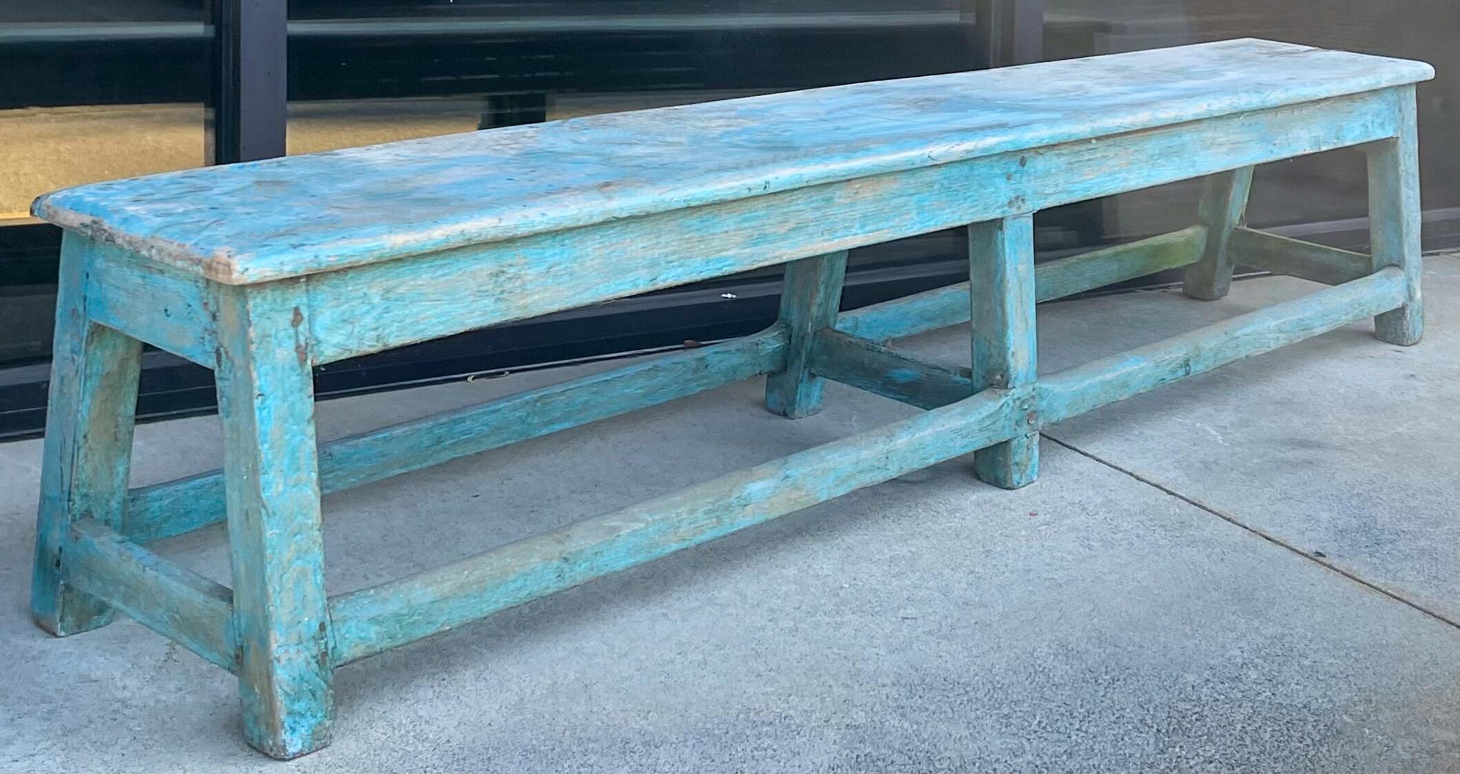 Large Scale 19th Century French Primitive Wood Bench with Original Blue Paint 1