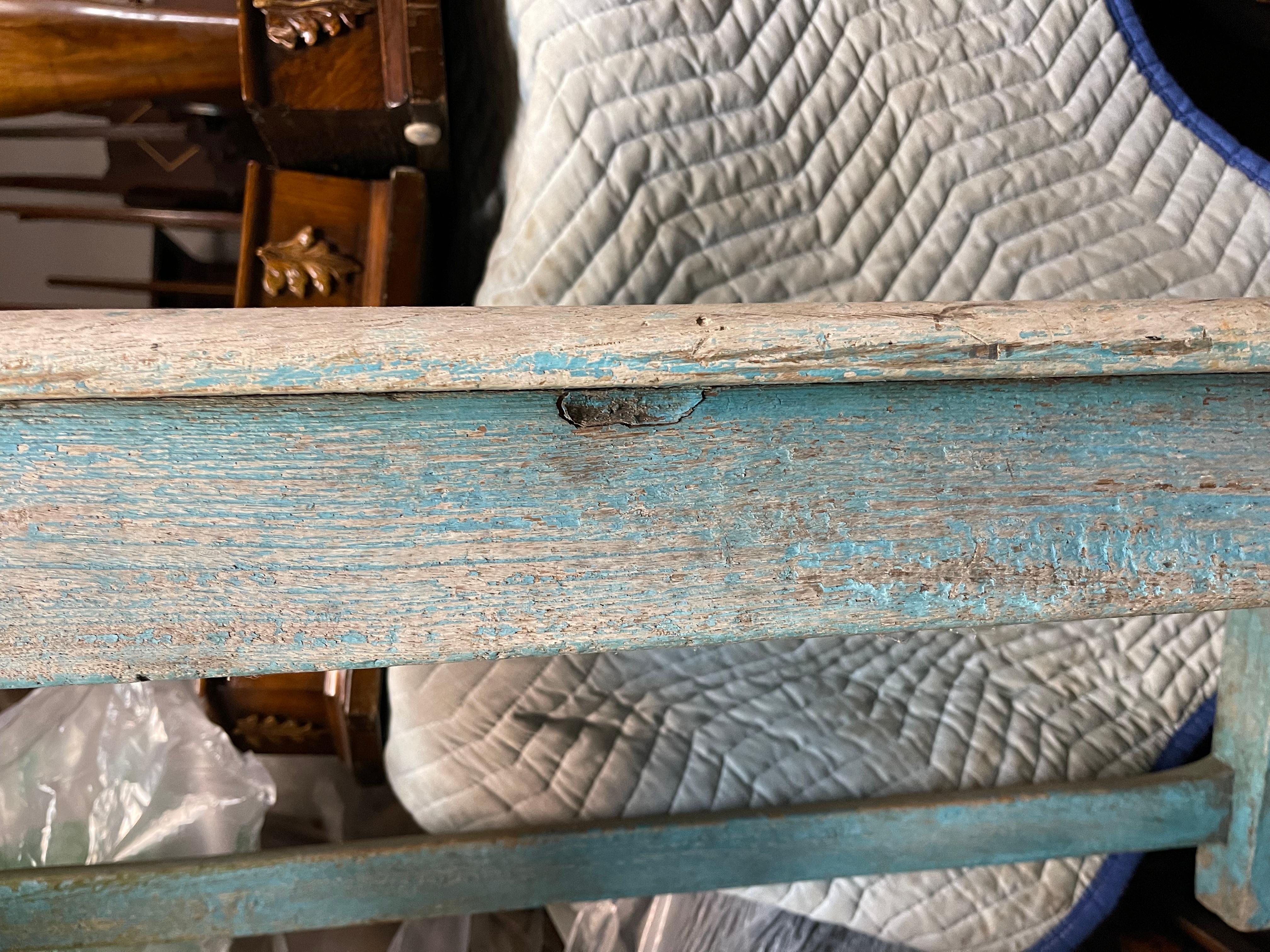 Large Scale 19th Century French Primitive Wood Bench with Original Blue Paint 2