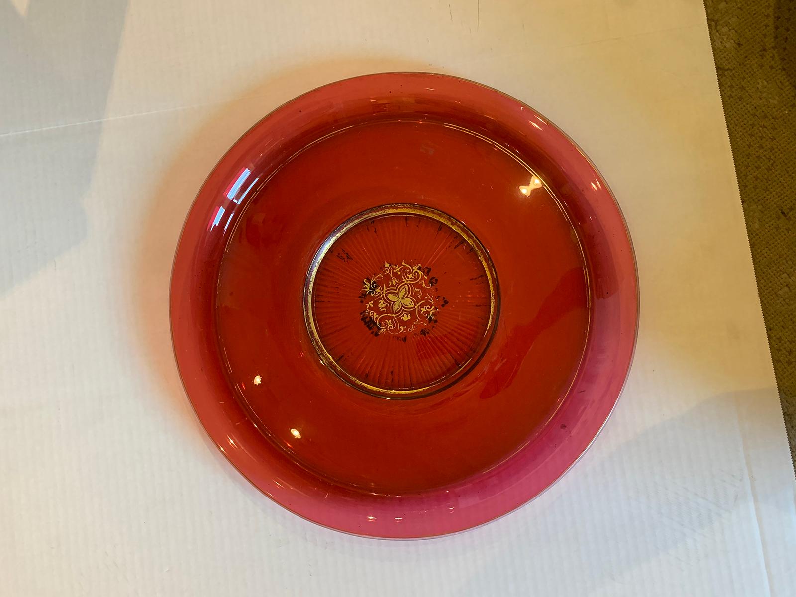 Large scale 19th century ruby cut-glass charger serving plate with gilt details.