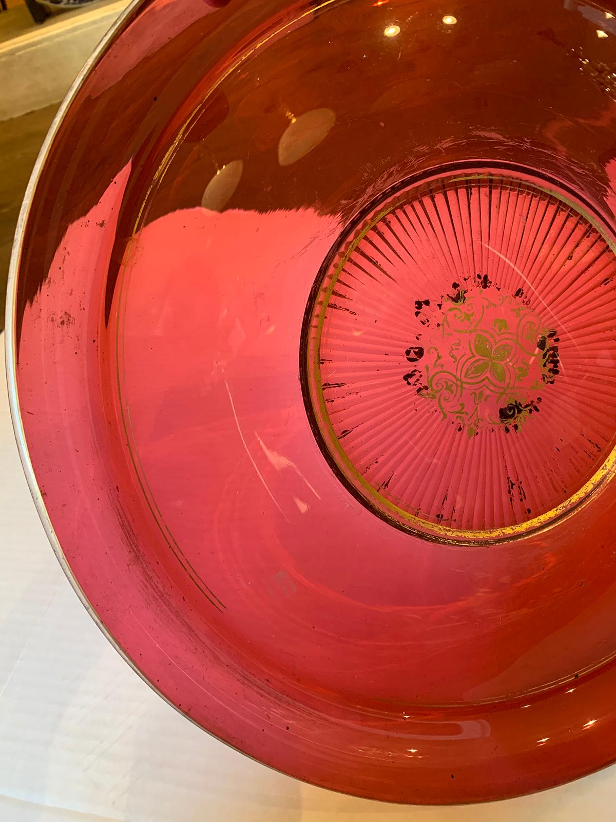 Large Scale 19th Century Ruby Cut-Glass Charger Serving Plate with Gilt Details In Good Condition For Sale In Atlanta, GA