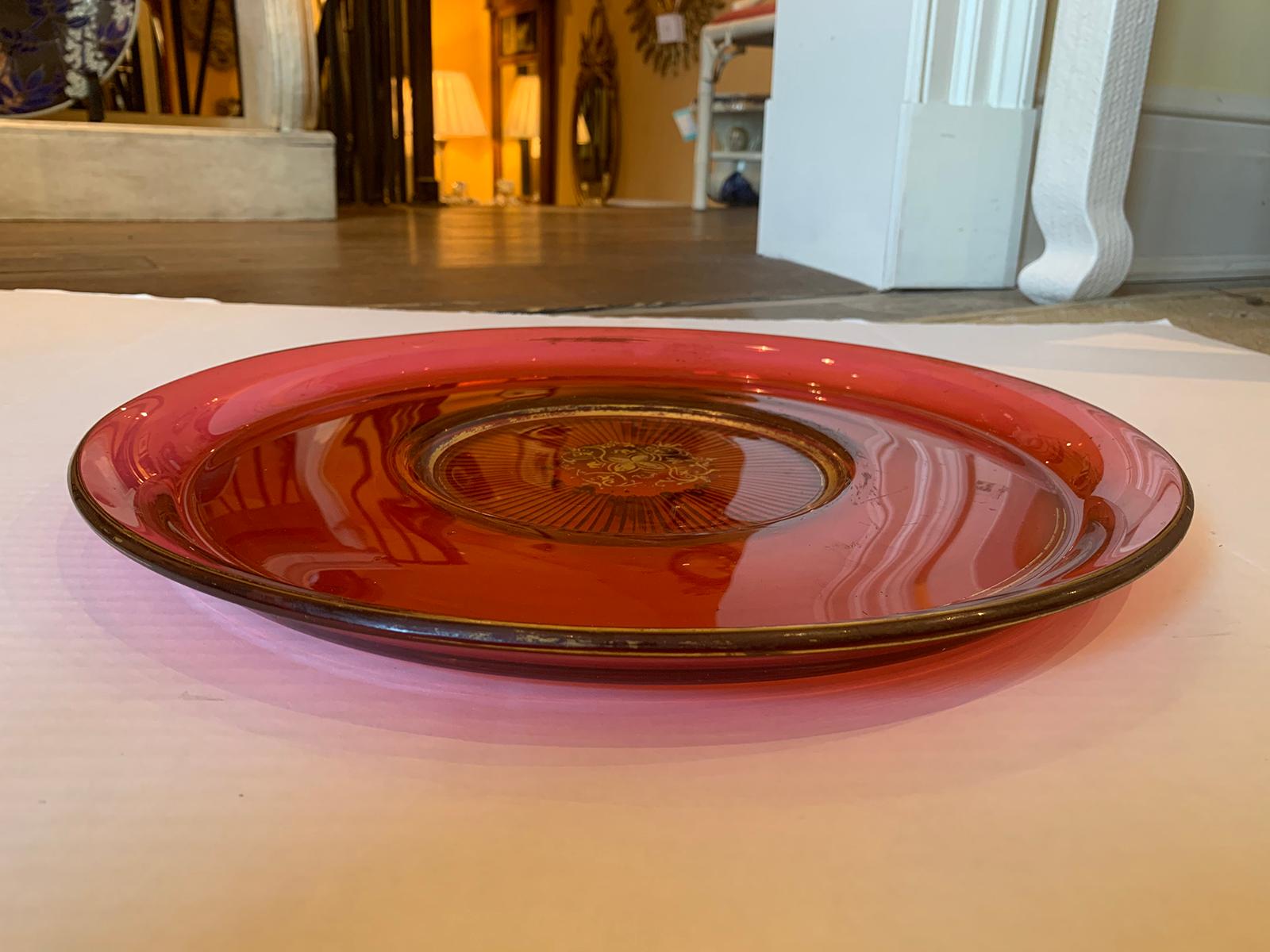 Large Scale 19th Century Ruby Cut-Glass Charger Serving Plate with Gilt Details For Sale 1