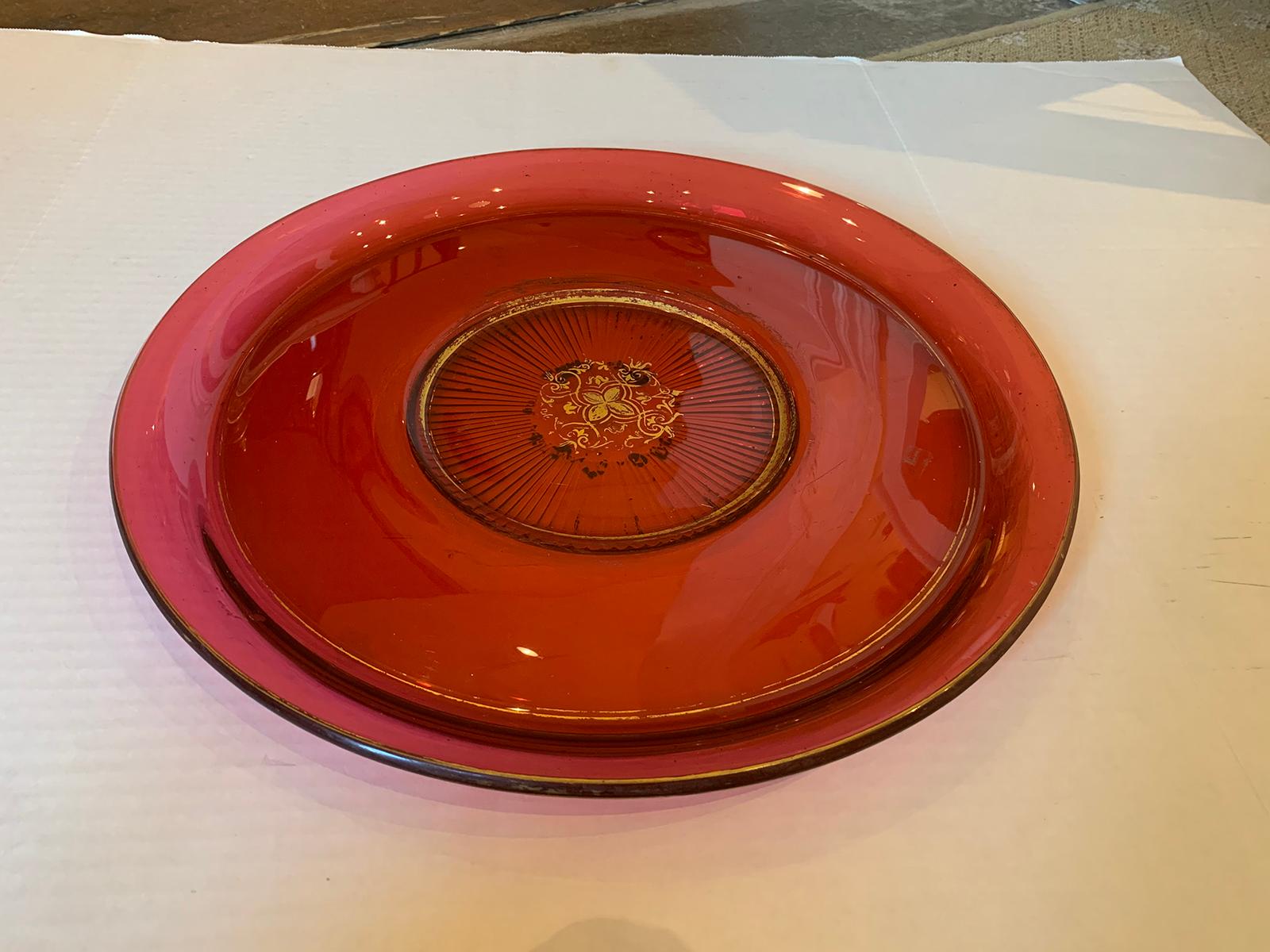 Large Scale 19th Century Ruby Cut-Glass Charger Serving Plate with Gilt Details For Sale 2