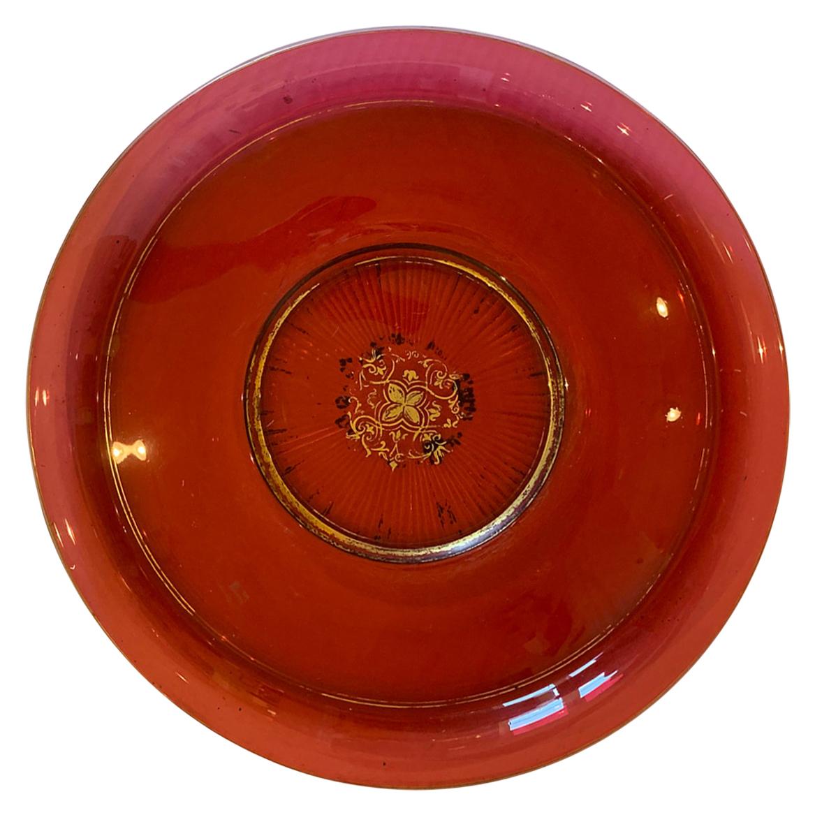 Large Scale 19th Century Ruby Cut-Glass Charger Serving Plate with Gilt Details For Sale