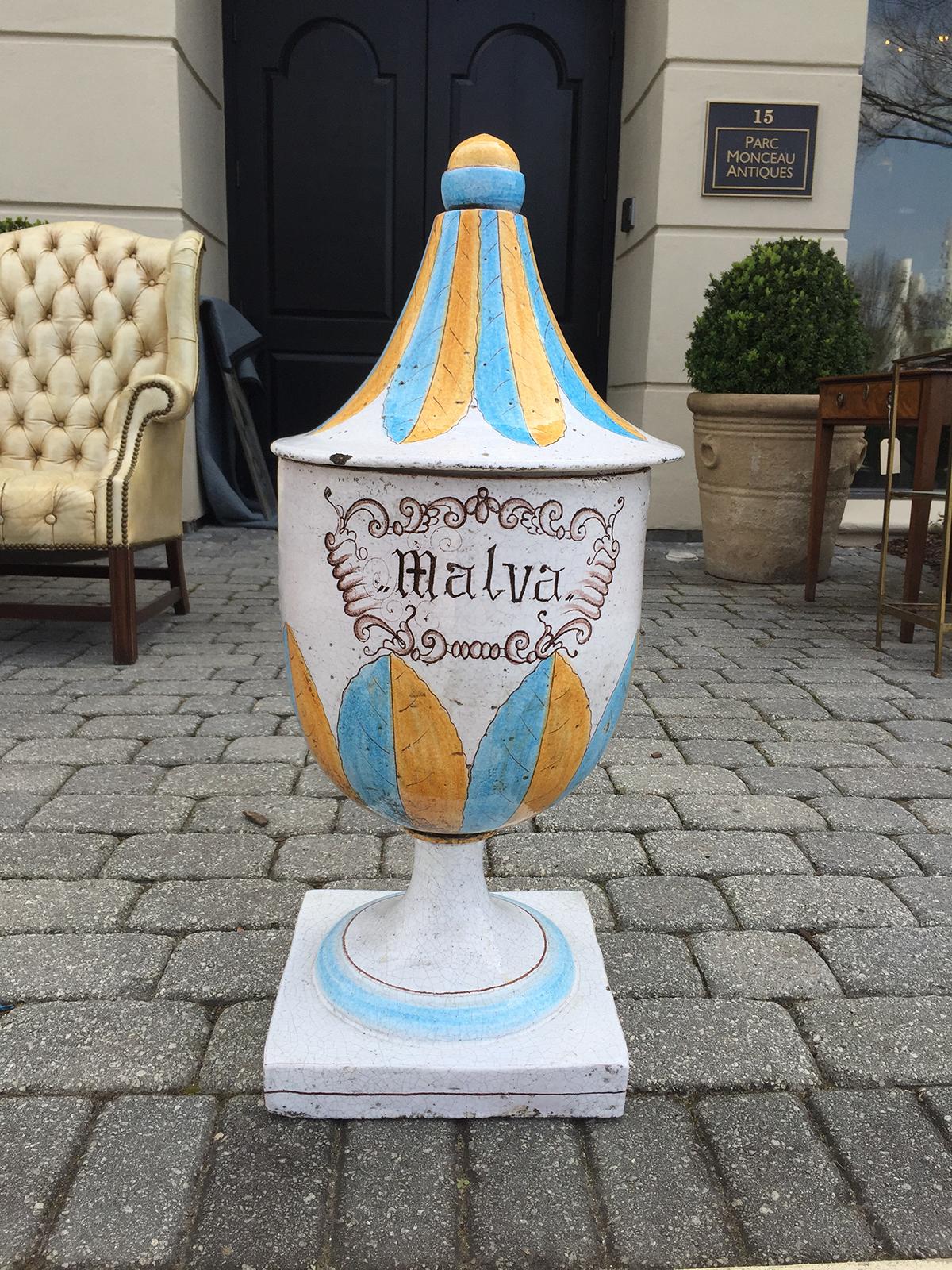Large scale 20th century Italian glazed ceramic blue and yellow lidded urn labeled 