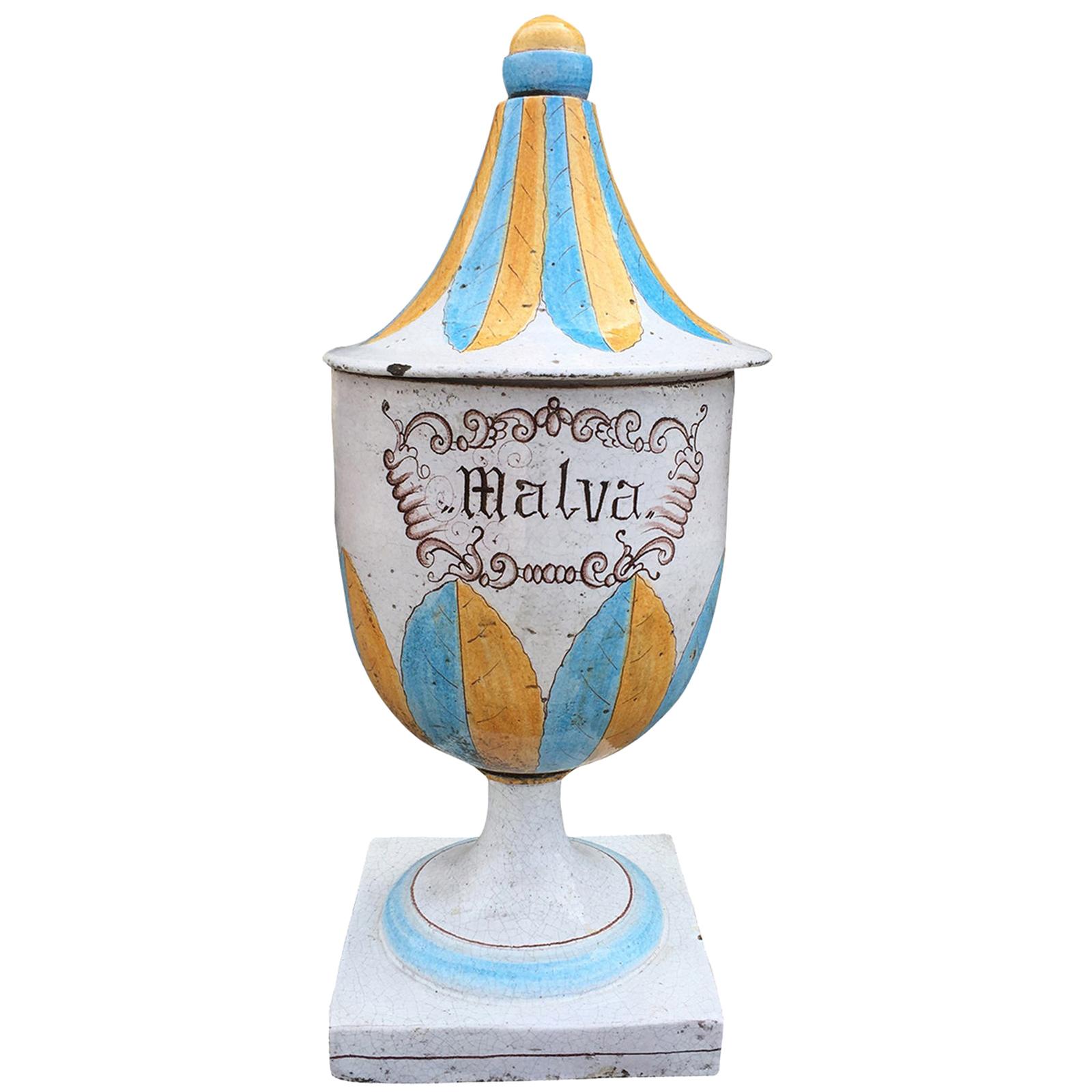 Large Scale 20th Century Italian Glazed Ceramic Lidded Urn Labeled "Malva" For Sale