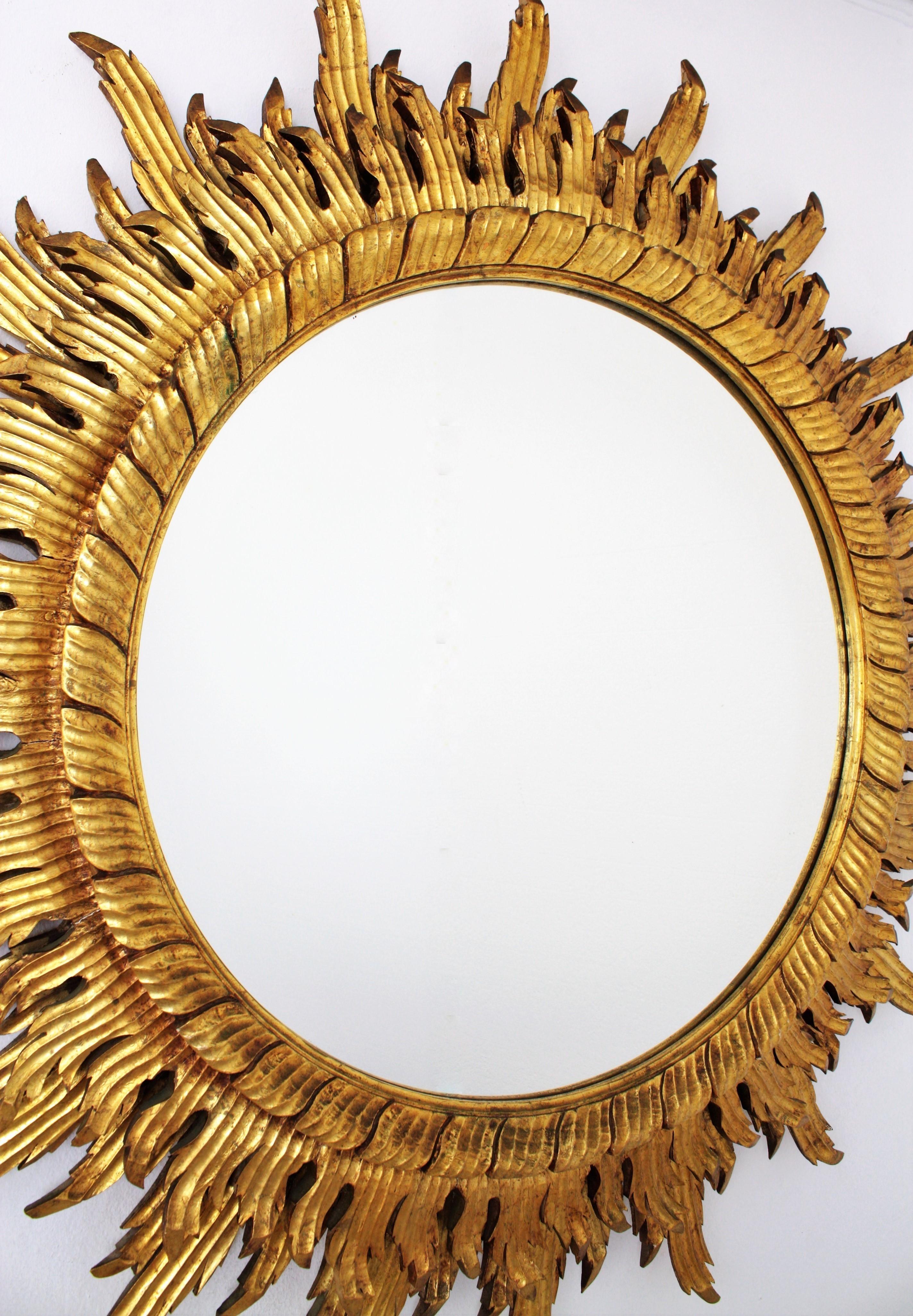Large Scale 20th Century Spanish Double Layered Carved Giltwood Sunburst Mirror 1