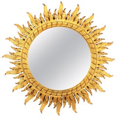 Large Scale 20th Century Spanish Double Layered Carved Giltwood Sunburst Mirror