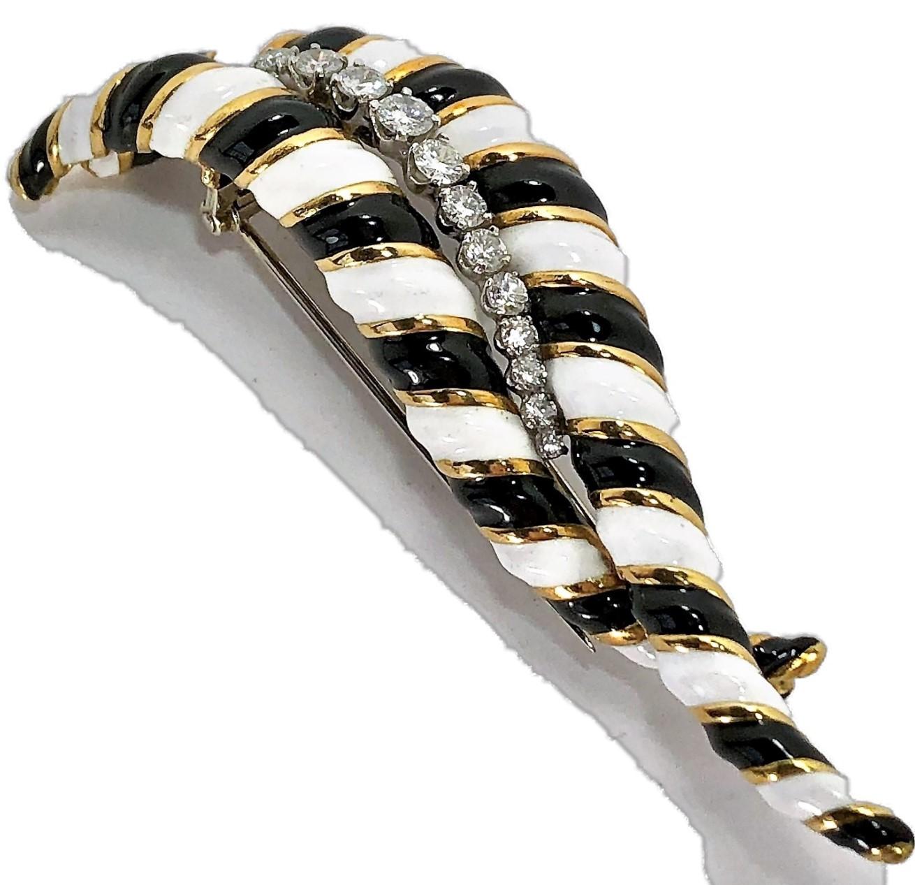 Modern Large Scale Black and White Enamel Striped Gold Brooch with Diamonds