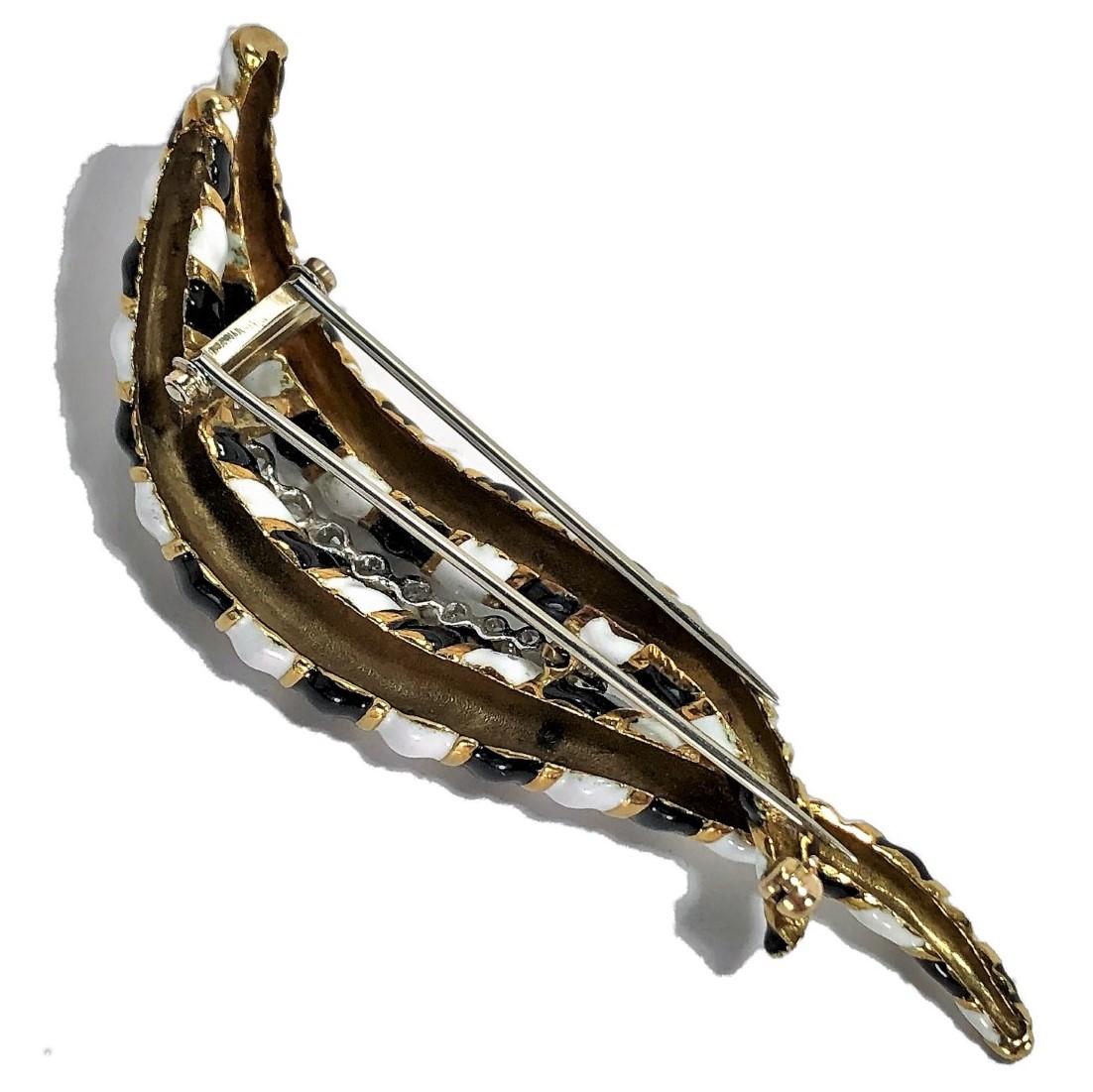 Brilliant Cut Large Scale Black and White Enamel Striped Gold Brooch with Diamonds