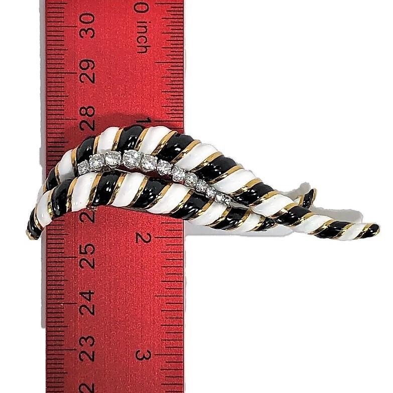 Women's Large Scale Black and White Enamel Striped Gold Brooch with Diamonds