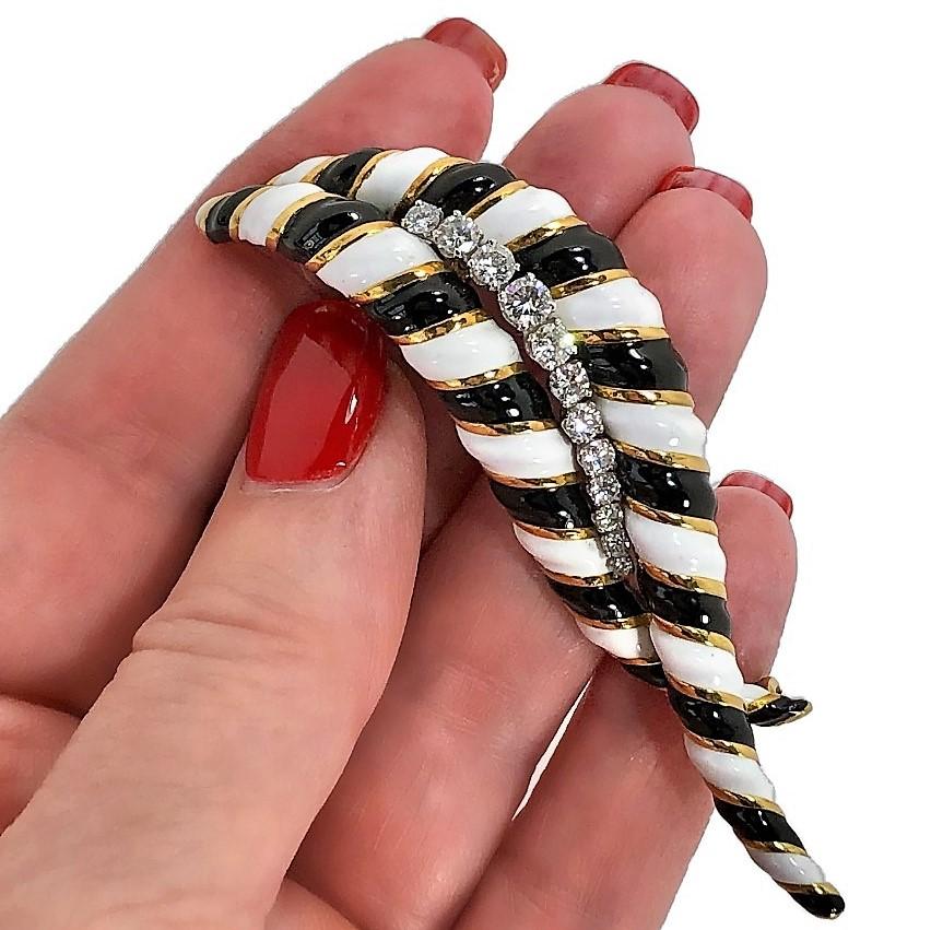 Large Scale Black and White Enamel Striped Gold Brooch with Diamonds 1