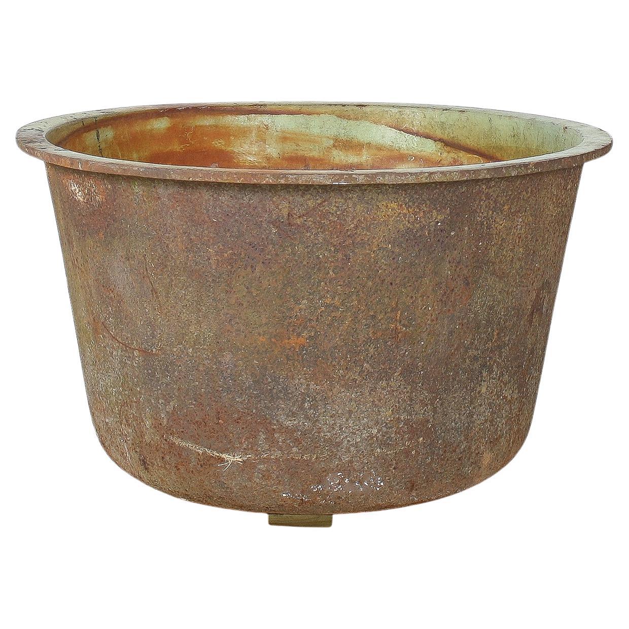 Large-Scale 4ft Antique Cast Iron Cauldron Planter Pot with Enamelled Verdigris