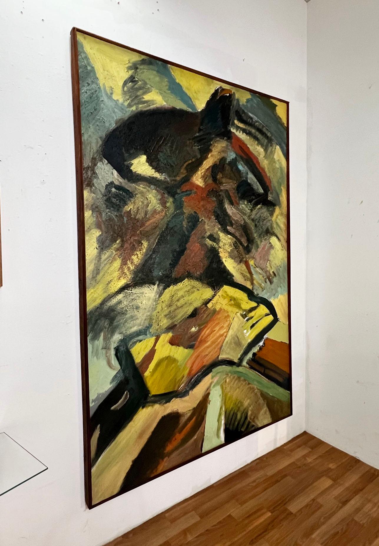 A large abstract canvas (7 feet x 56”) in an earthen palette by the Boston expressionist Harvey Simons, dated 1963. Simons was a graduate of Brandeis and the Academie de la Grande Chaumiere in Paris and his work was influenced by the postwar Boston