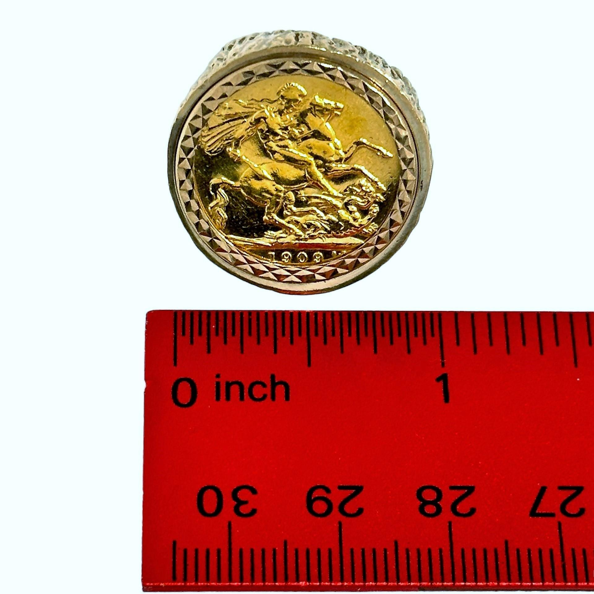 Large Scale, 9k Gold Ring with 22k Gold British Sovereign Coin Dated 1909 4