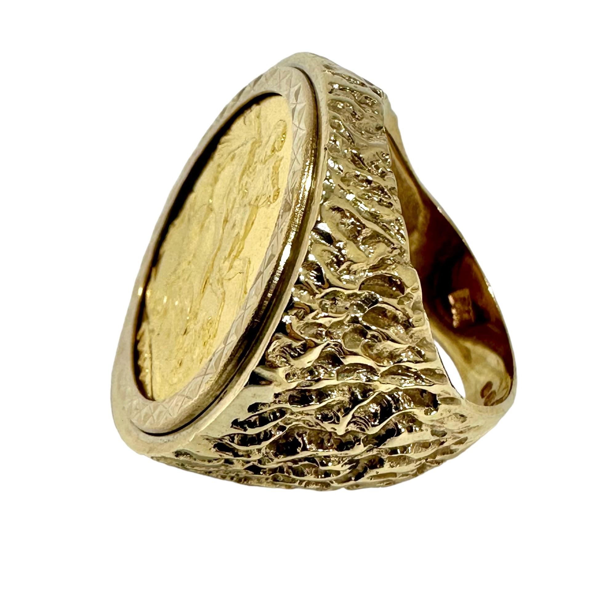 Modern Large Scale, 9k Gold Ring with 22k Gold British Sovereign Coin Dated 1909