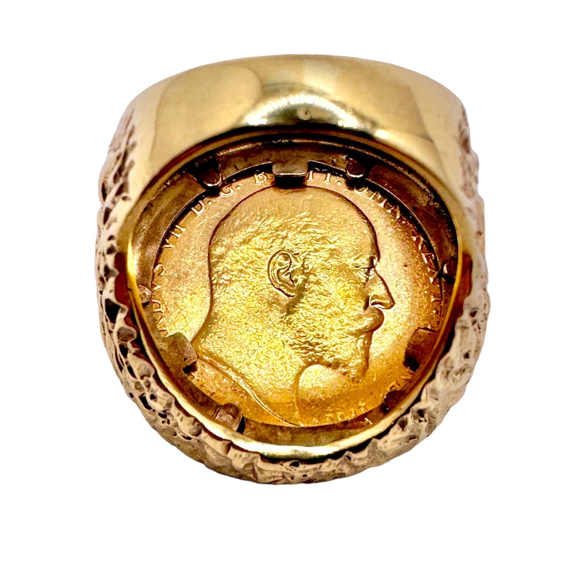 Women's or Men's Large Scale, 9k Gold Ring with 22k Gold British Sovereign Coin Dated 1909