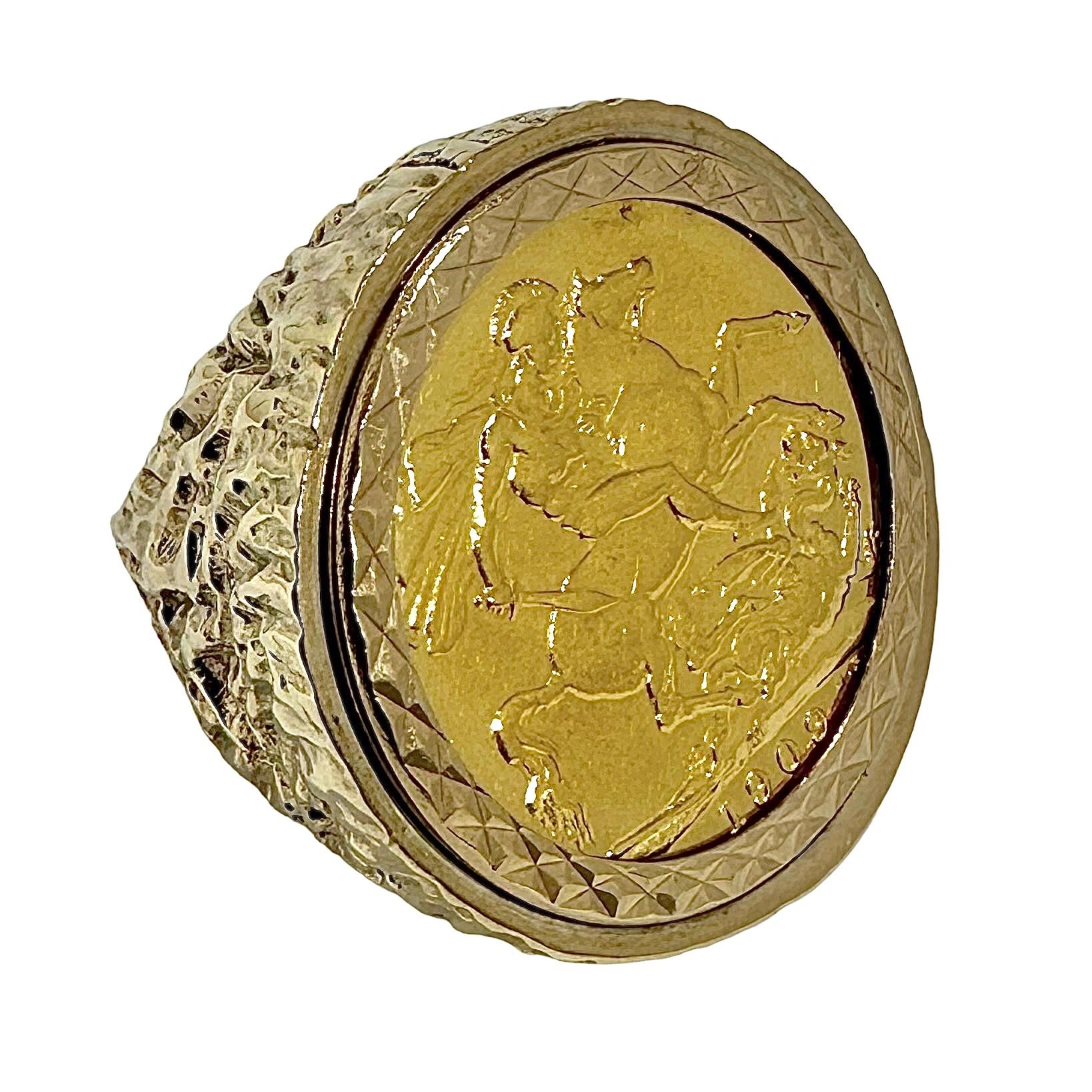 Large Scale, 9k Gold Ring with 22k Gold British Sovereign Coin Dated 1909 2