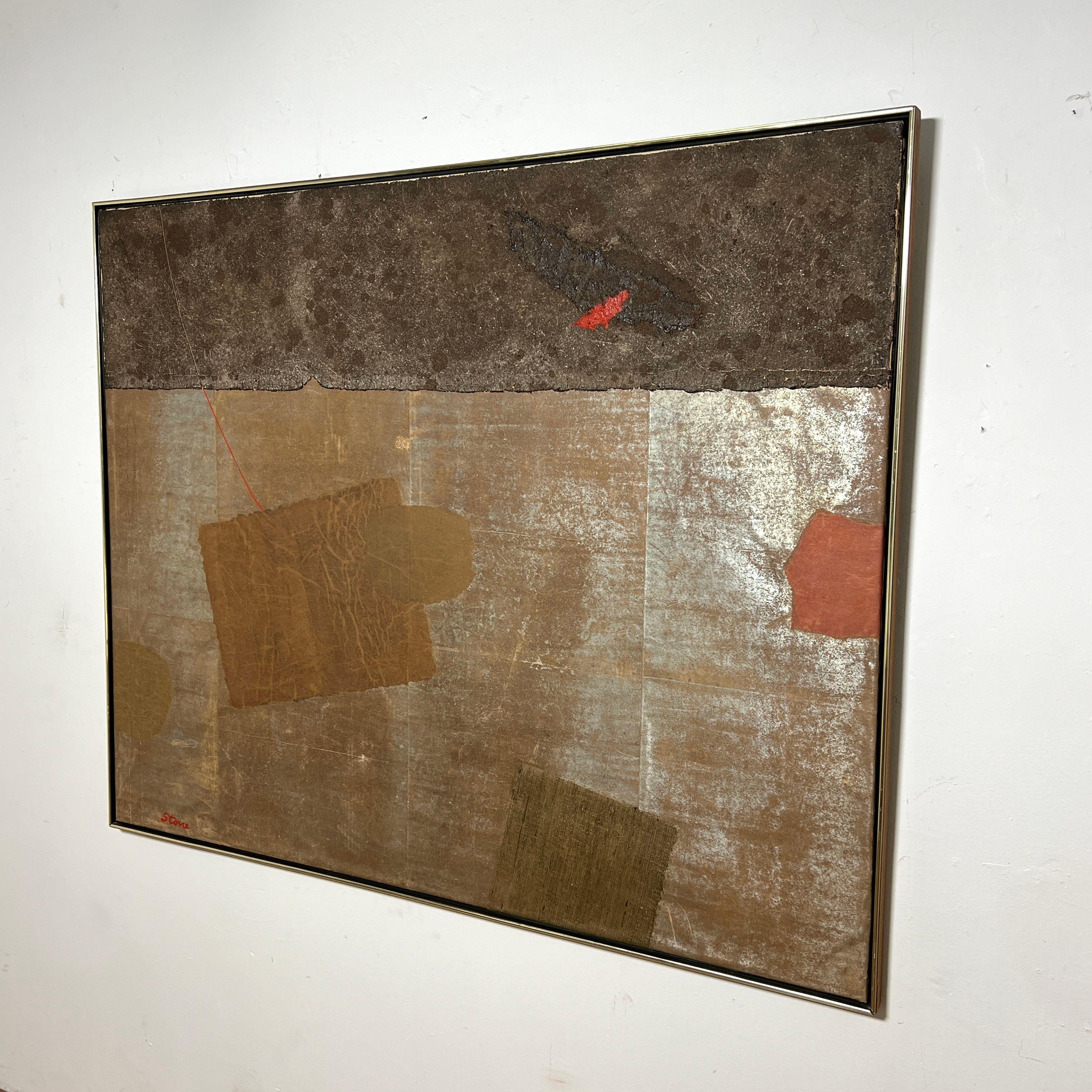 Large scale (four foot by five foot) abstract mixed media work on canvas, paint and paper, ca. 1970s, signed Stone.