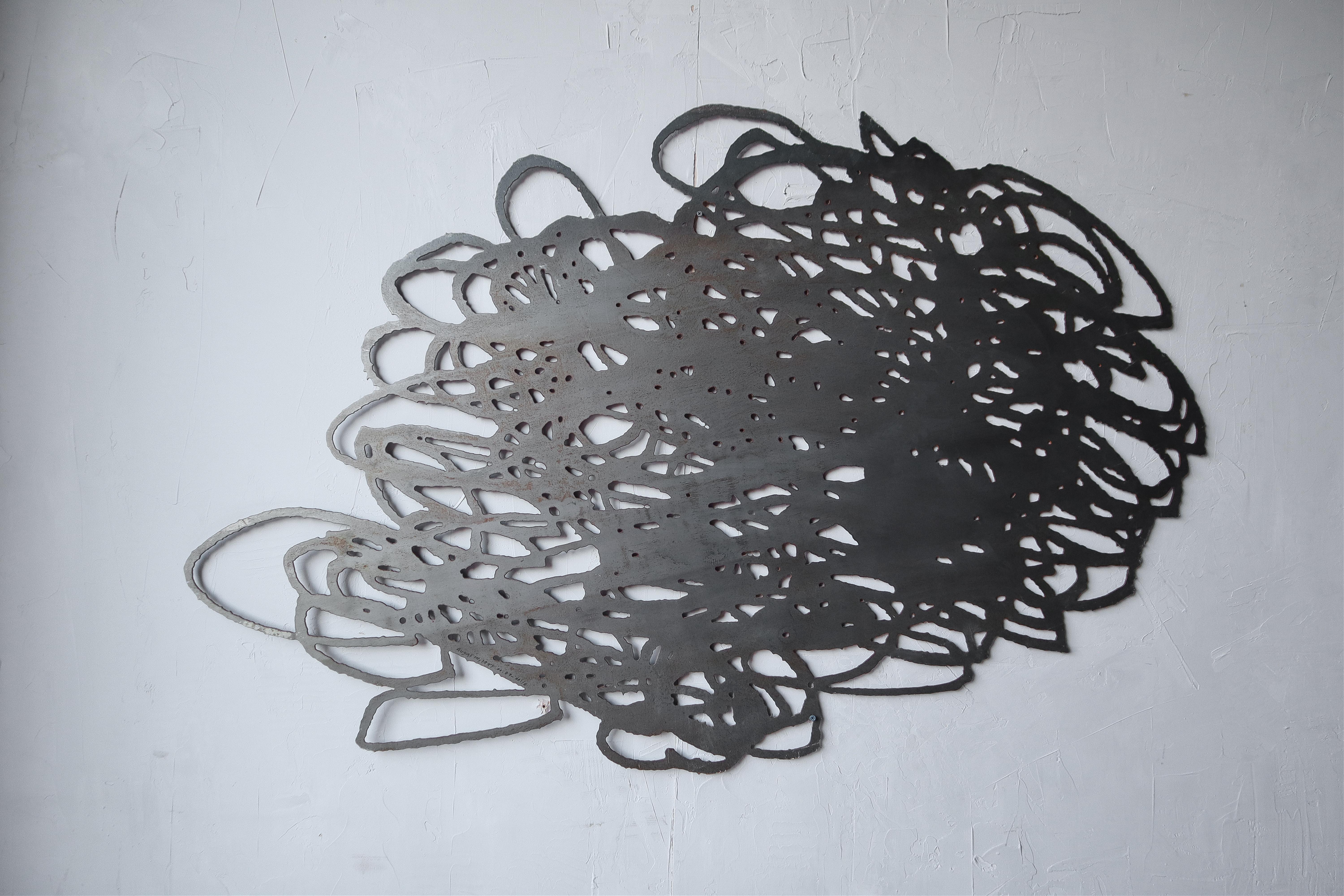 One of a kind, cut steel wall sculpture. Dated August 19, 1997. A super fun piece that would look great in almost any space. If you're looking for a piece of art, different from the usual painting that will make a huge statement, this piece is