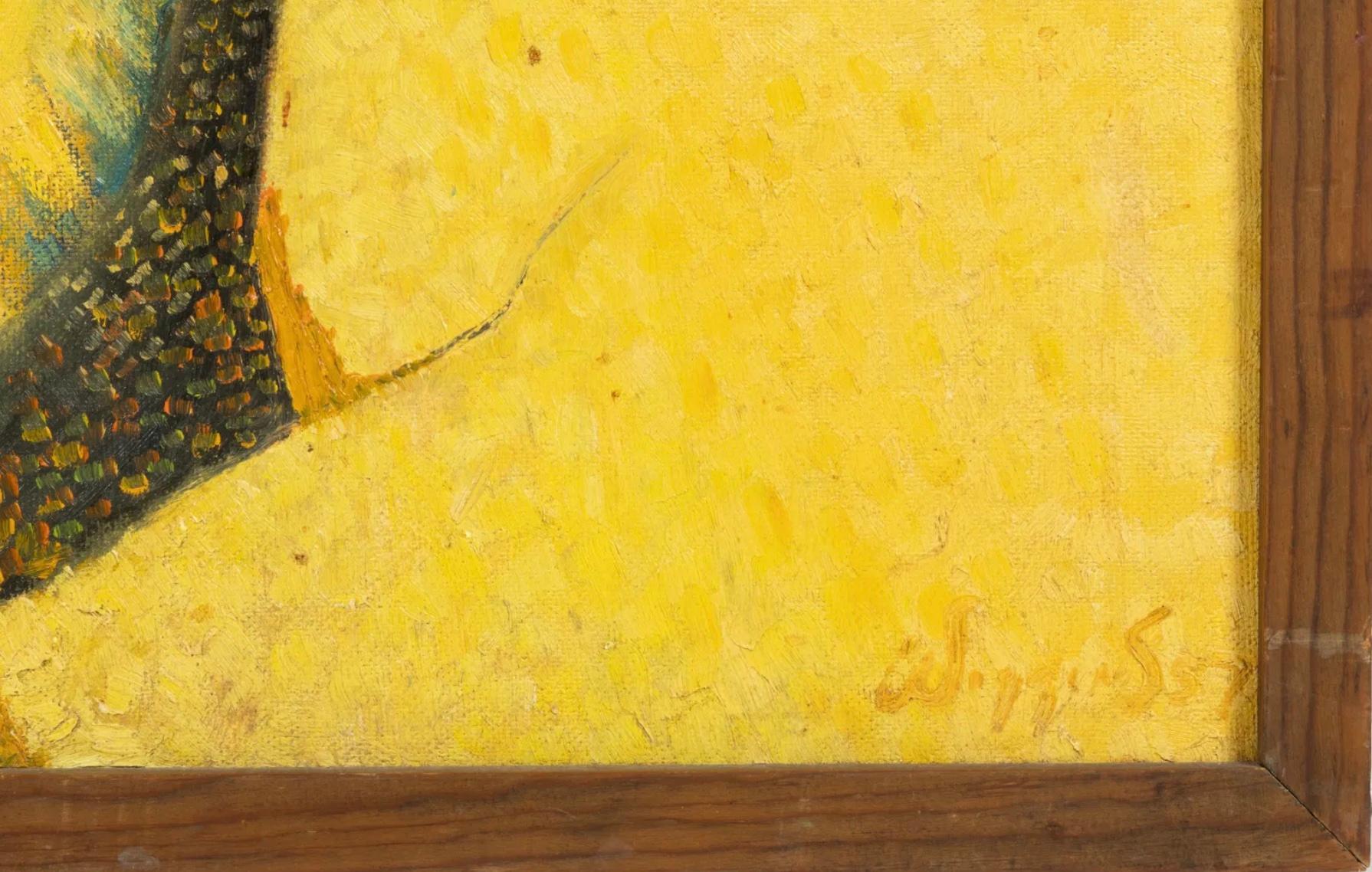 Abstraktes Gemälde in großem Maßstab, Öl auf Karton, das eine scheinbar karge Landschaft mit einer großen Sonne über ihr zeigt. Signiert unten rechts. Eine verso angebrachte Notiz aus dem Southwest Artists Annual des Museum of New Mexico von 1957