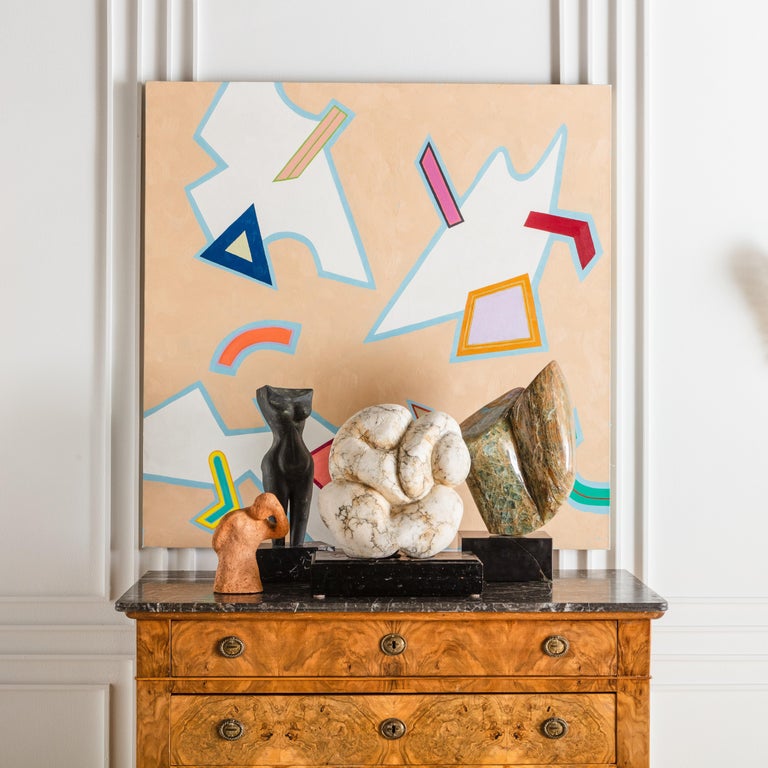 Large Scale Abstract White Marble Sculpture on Black Wooden Base For