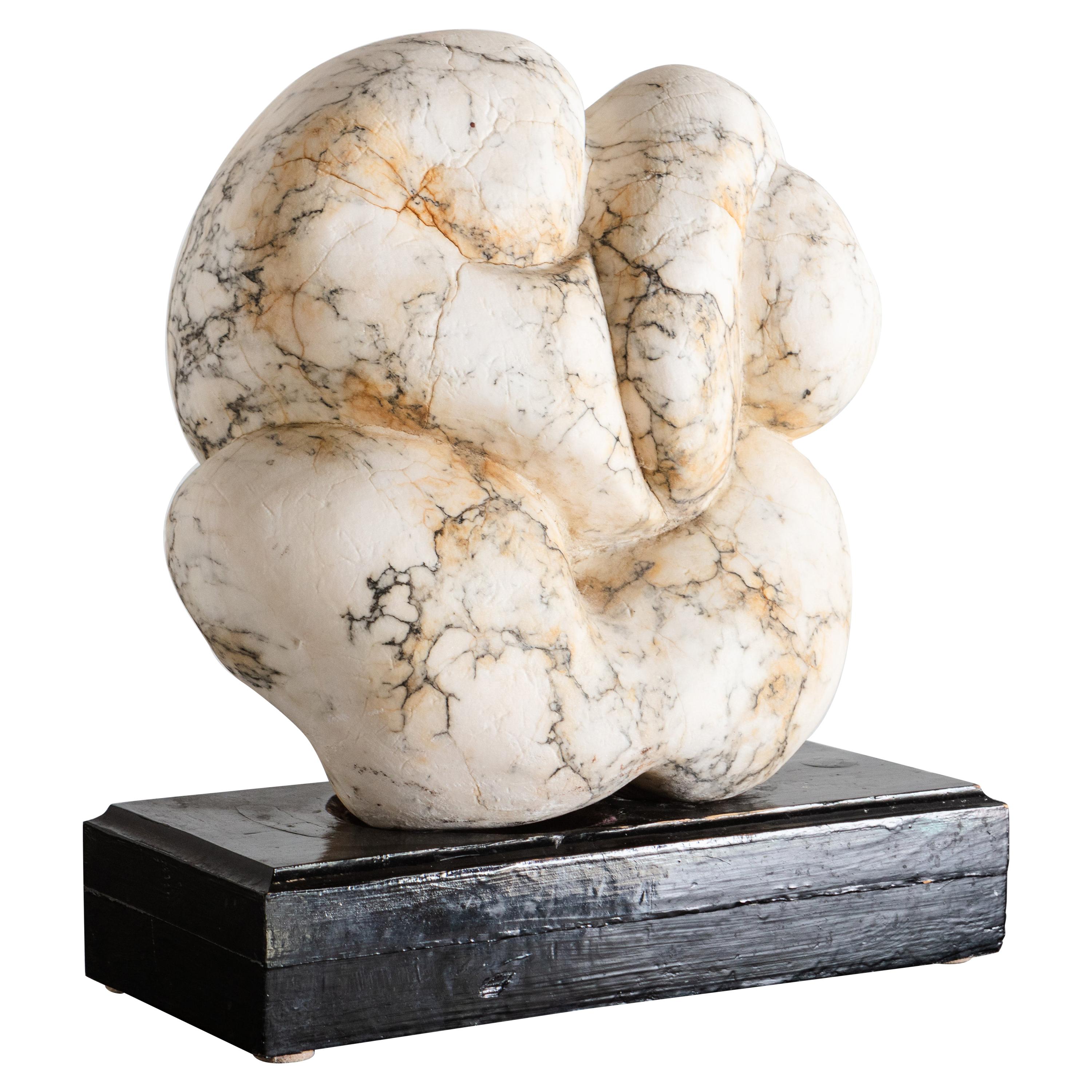 Large Scale Abstract White Marble Sculpture on Black Wooden Base