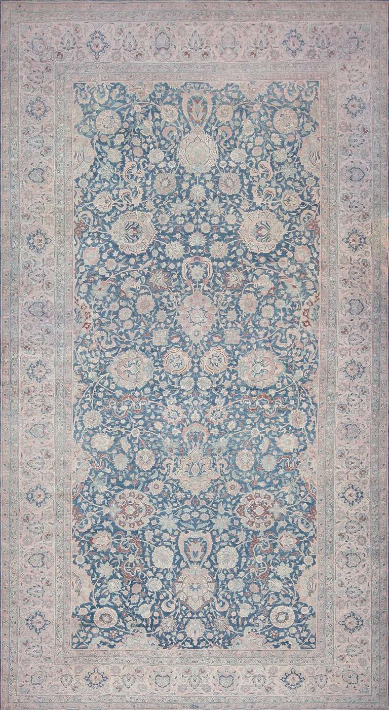 Large Scale All-Over Design Light Blue Persian Kerman Carpet In Excellent Condition In New York, NY