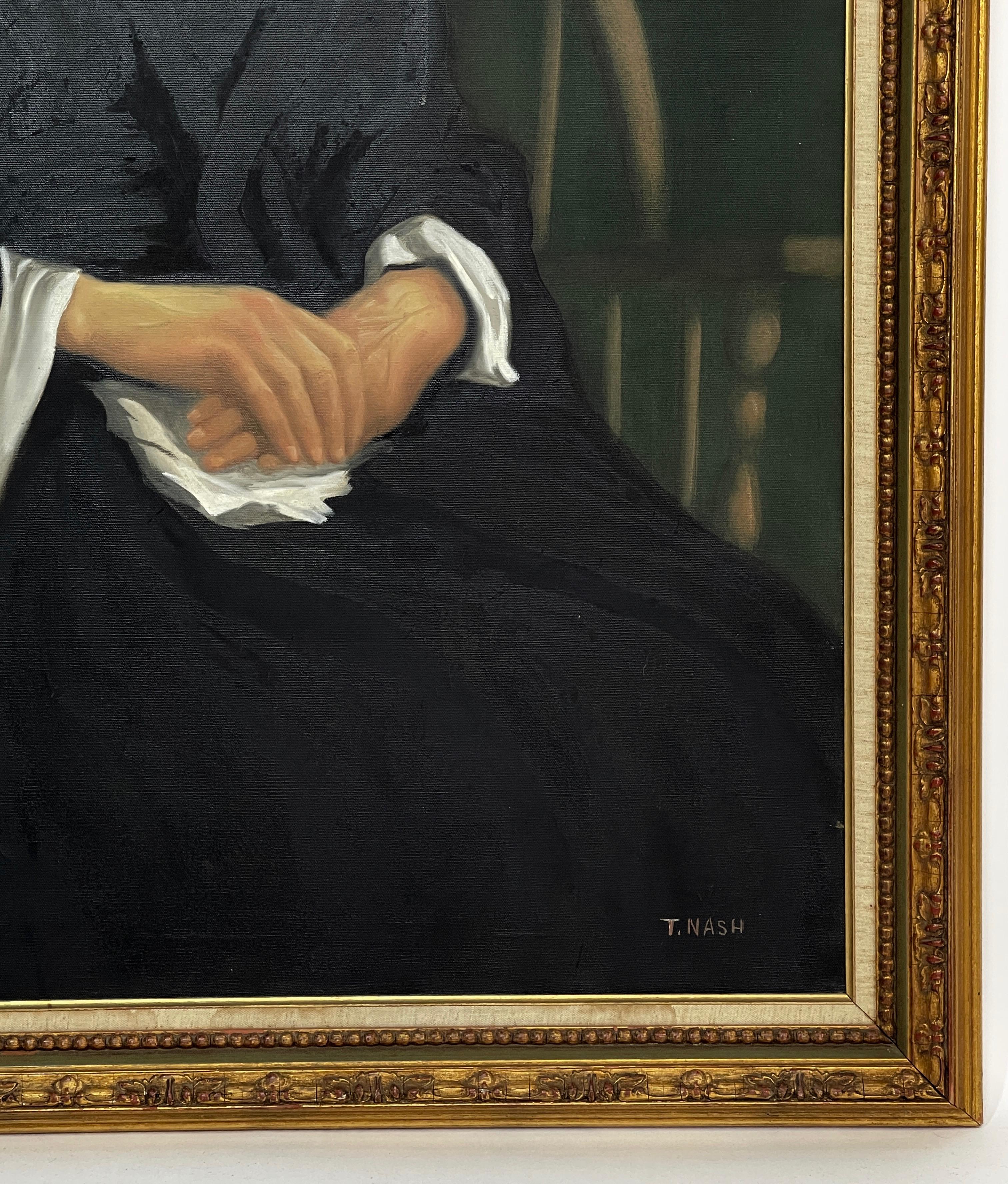 Lovely large scale painting signed: T. Nash. Early American portrait of an elderly woman would look lovely in a modern or classical setting. Her dress is reminiscent of Whistler's mother. Beautiful deep colors in this beautiful painting in a