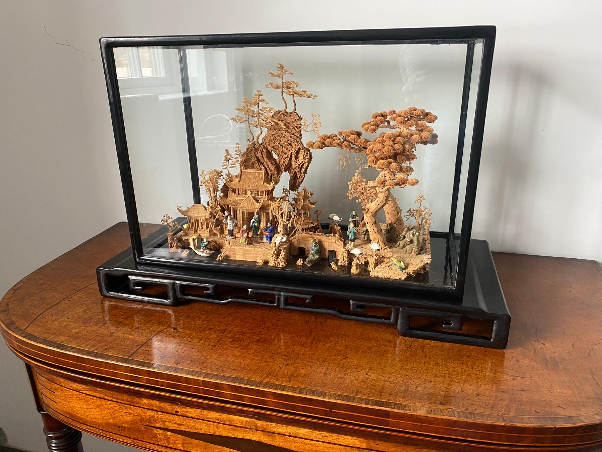 Large Scale Antique Chinese Carved Cork Diorama in Ebonised Glass Display Case In Good Condition For Sale In Llanbrynmair, GB