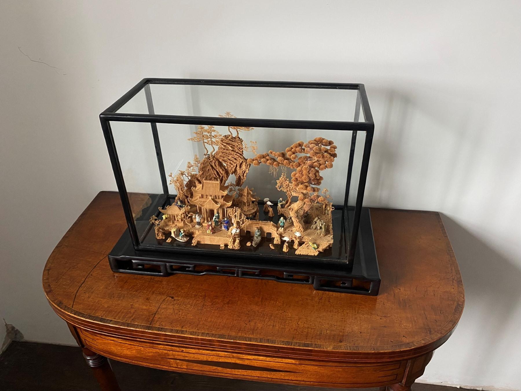 Large Scale Antique Chinese Carved Cork Diorama in Ebonised Glass Display Case For Sale 2