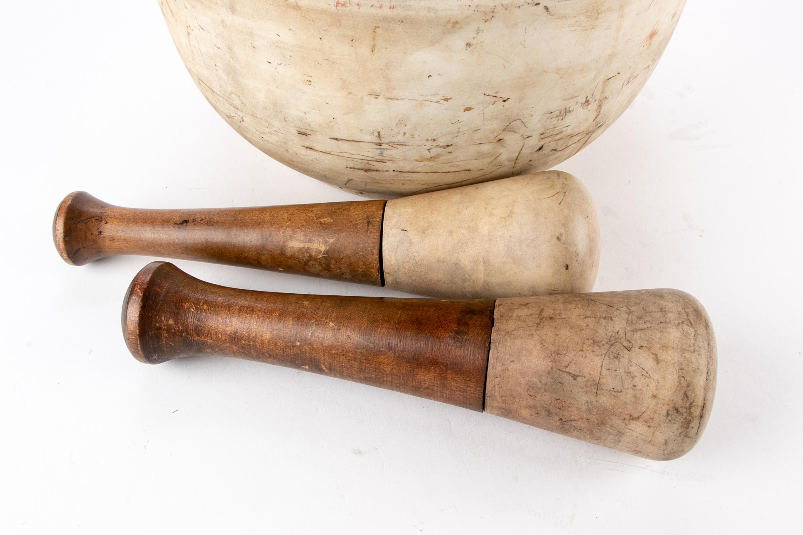 Large Scale Antique Heavy Ceramic Mortar and Two Pestles 2
