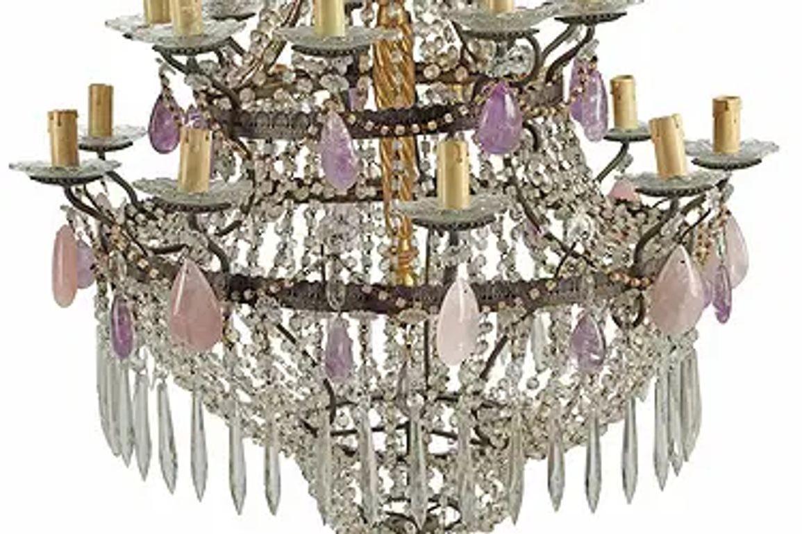 Großer antiker italienischer Rosenquarz Amethyst und Kristall Kronleuchter (Italienisch) im Angebot