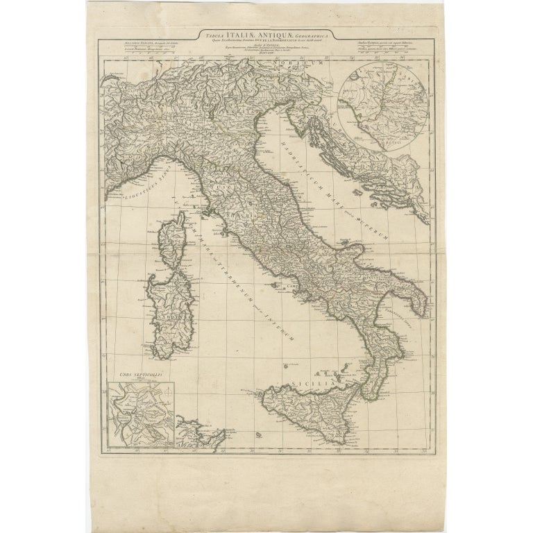 Antique map titled 'Tabula Italiae Antiquae'. 

Large scale map of Italy, covers from Lake Geneva to Sicily. Published 1764. 

Artists and Engravers: Jean-Baptiste Bourguignon d'Anville, French geographer and cartographer who greatly improved