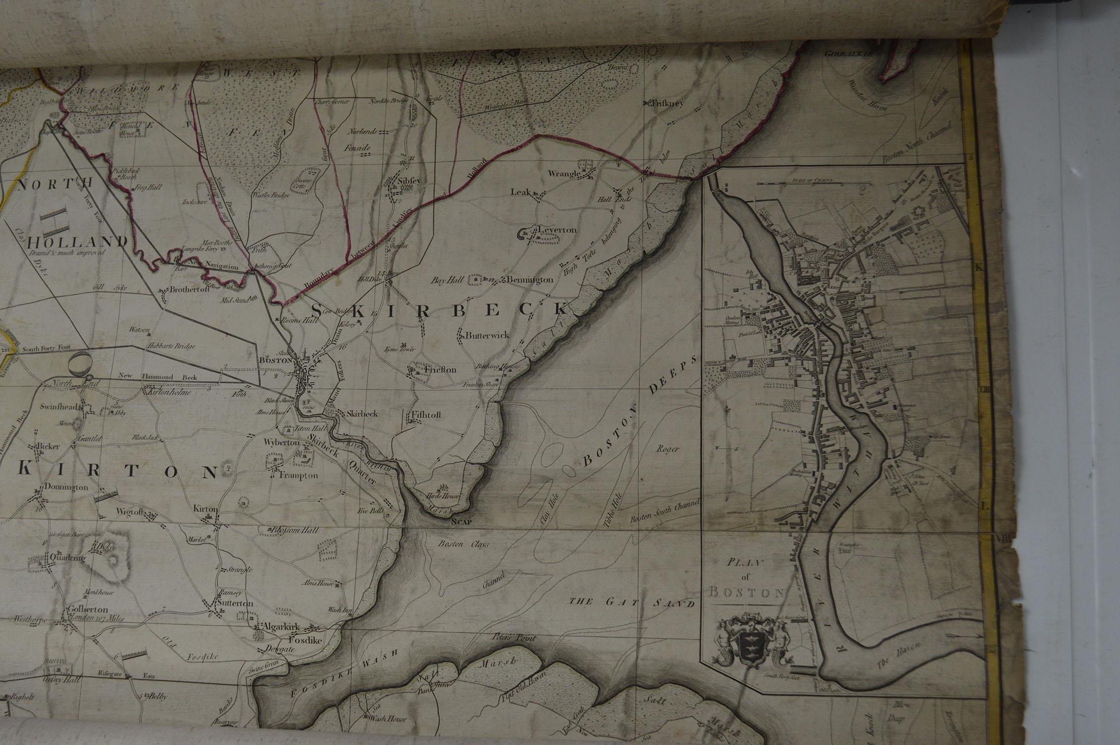 Late 18th Century Large Scale Antique Scroll Map of Lincolnshire, England, Dated 1778 For Sale
