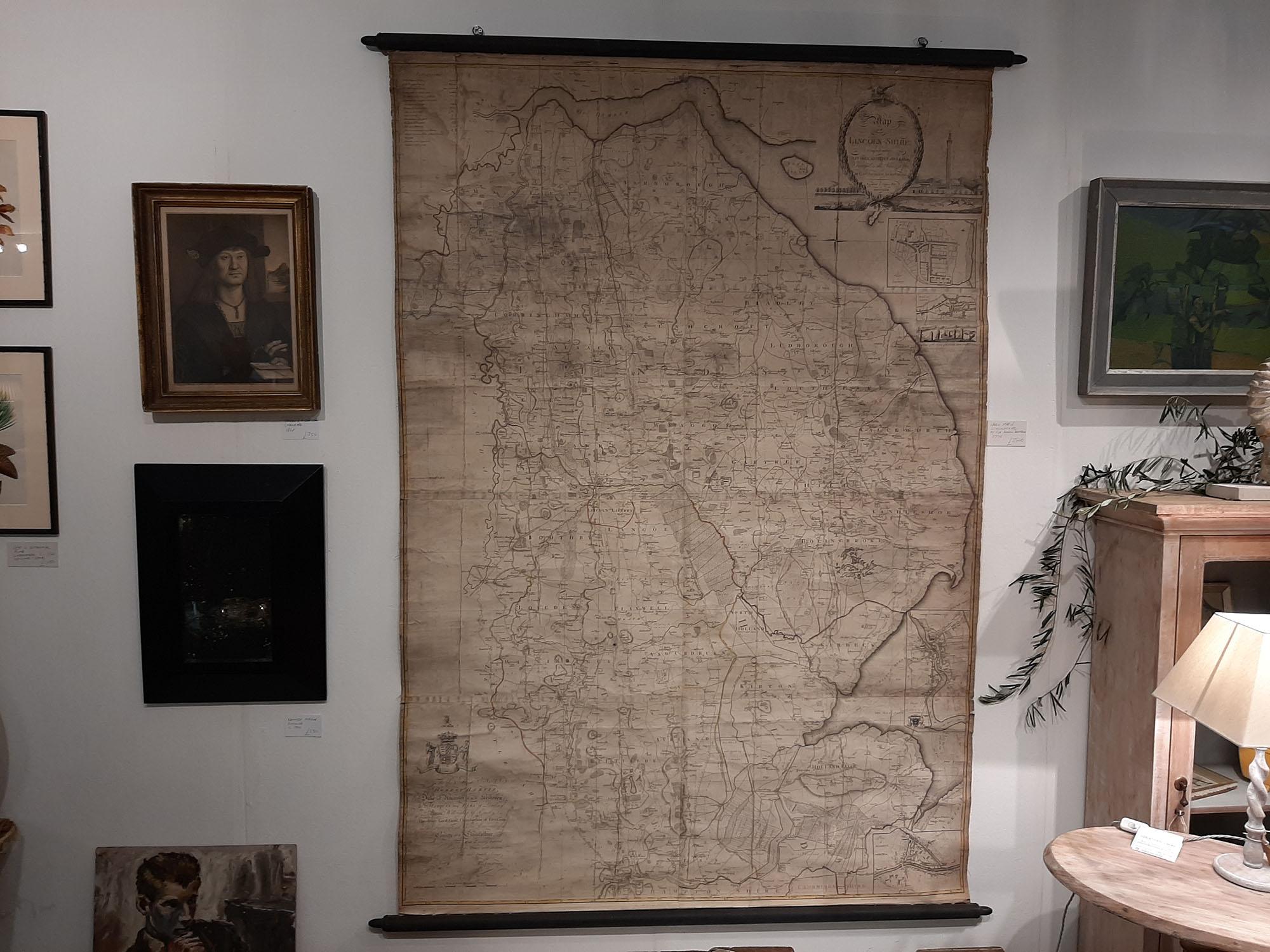 Wonderful scroll map of Lincolnshire

By Captain Armstrong, 1778

Copper plate engraving on paper laid on canvas

Original ebonised wood frame with lovely turned finials

The map can be rolled up for easy transport

There are signs of